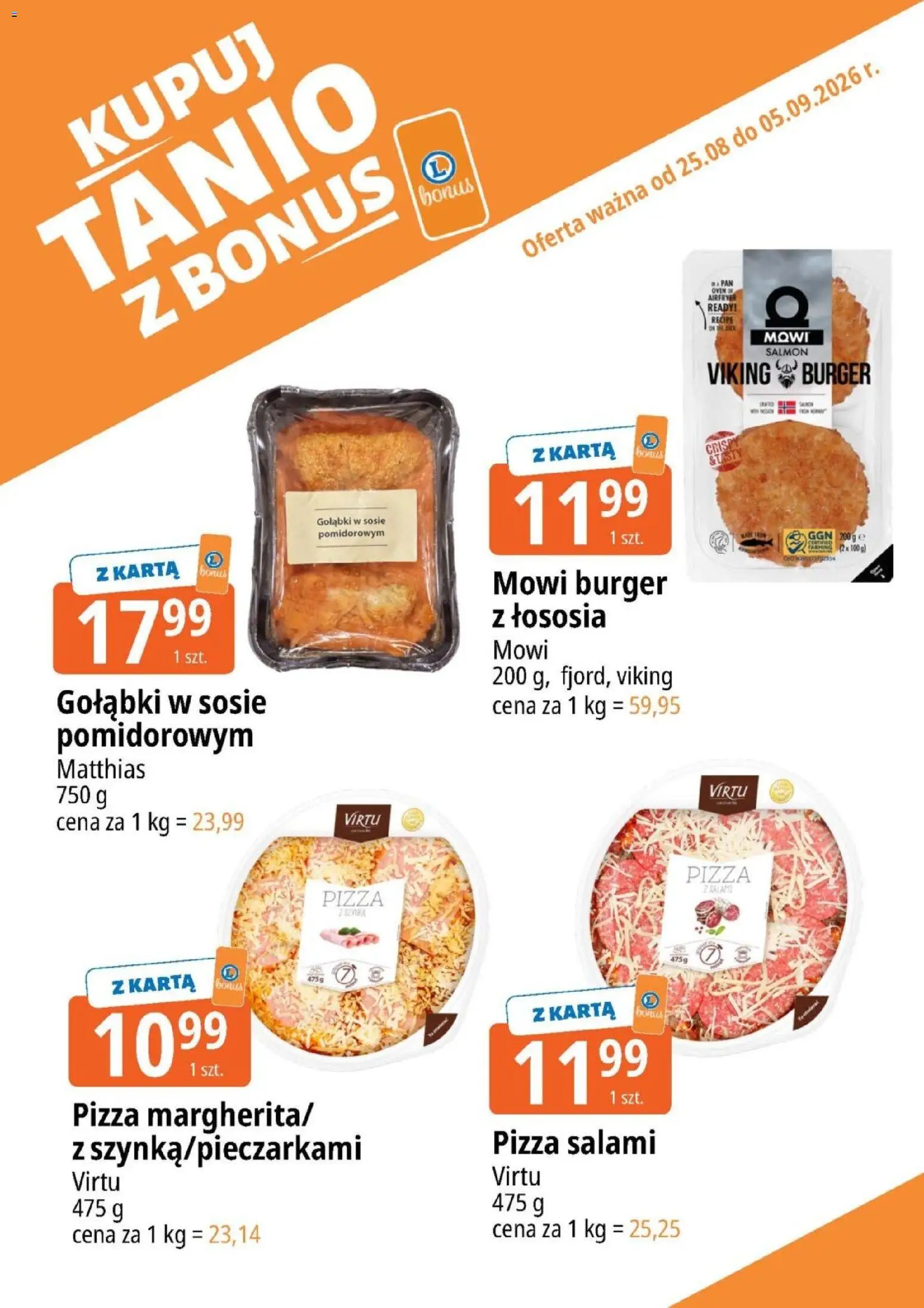E.Leclerc gazetka - Kupuj Tanio Z Bonus od 25.08.2026 | Strona: 13 | Produkty: Karta, Burger z łososia, Burger, Salami