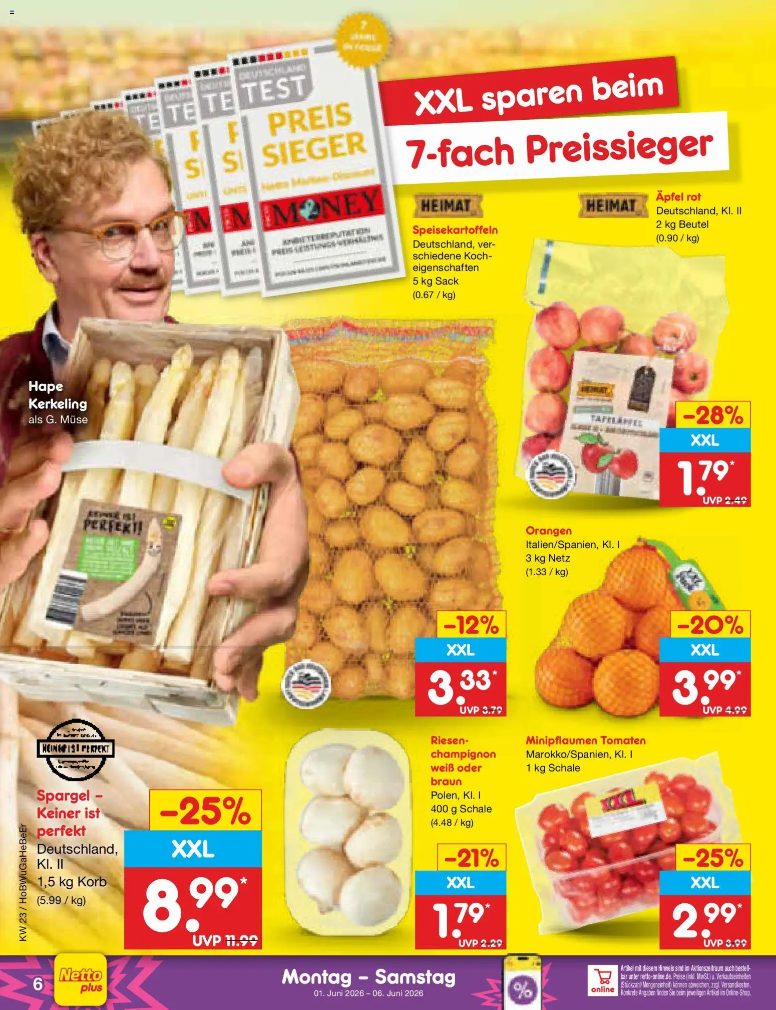 Netto Marken-Discount Prospekt – gültig ab 01.06.2026 | Seite: 6 | Produkte: Korb, Orangen, Tomaten, Spargel