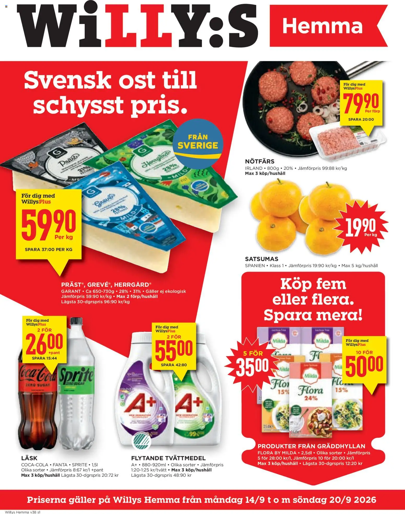Willys reklamblad aktuell från 14/09/2026 | Sida: 1 | Produkter: Tvättmedel, Nötfärs, Galler, Ost