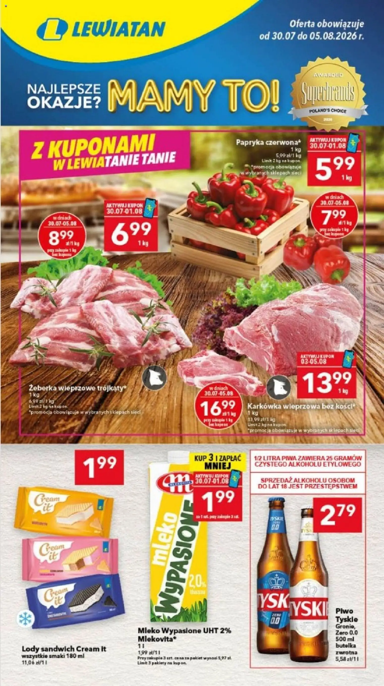 Lewiatan gazetka - Bydgoszcz od 30.07.2026 | Strona: 1 | Produkty: Karkówka, Mleko, Piwo, Lody