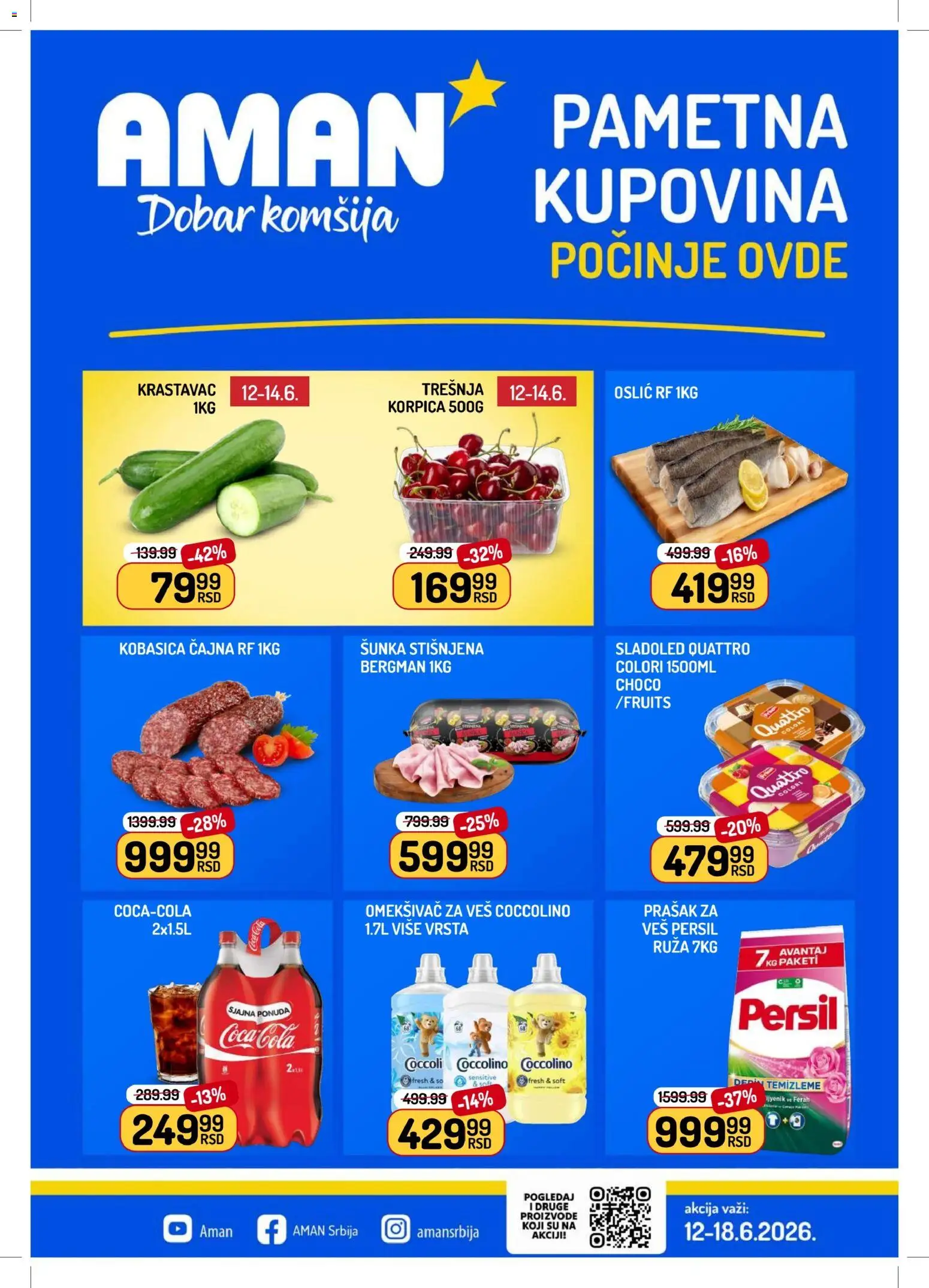 Aman katalog - važi od 12.06.2026 | Strana: 1 | Proizvode: Krastavac, Coca Cola, Kobasica, Persil