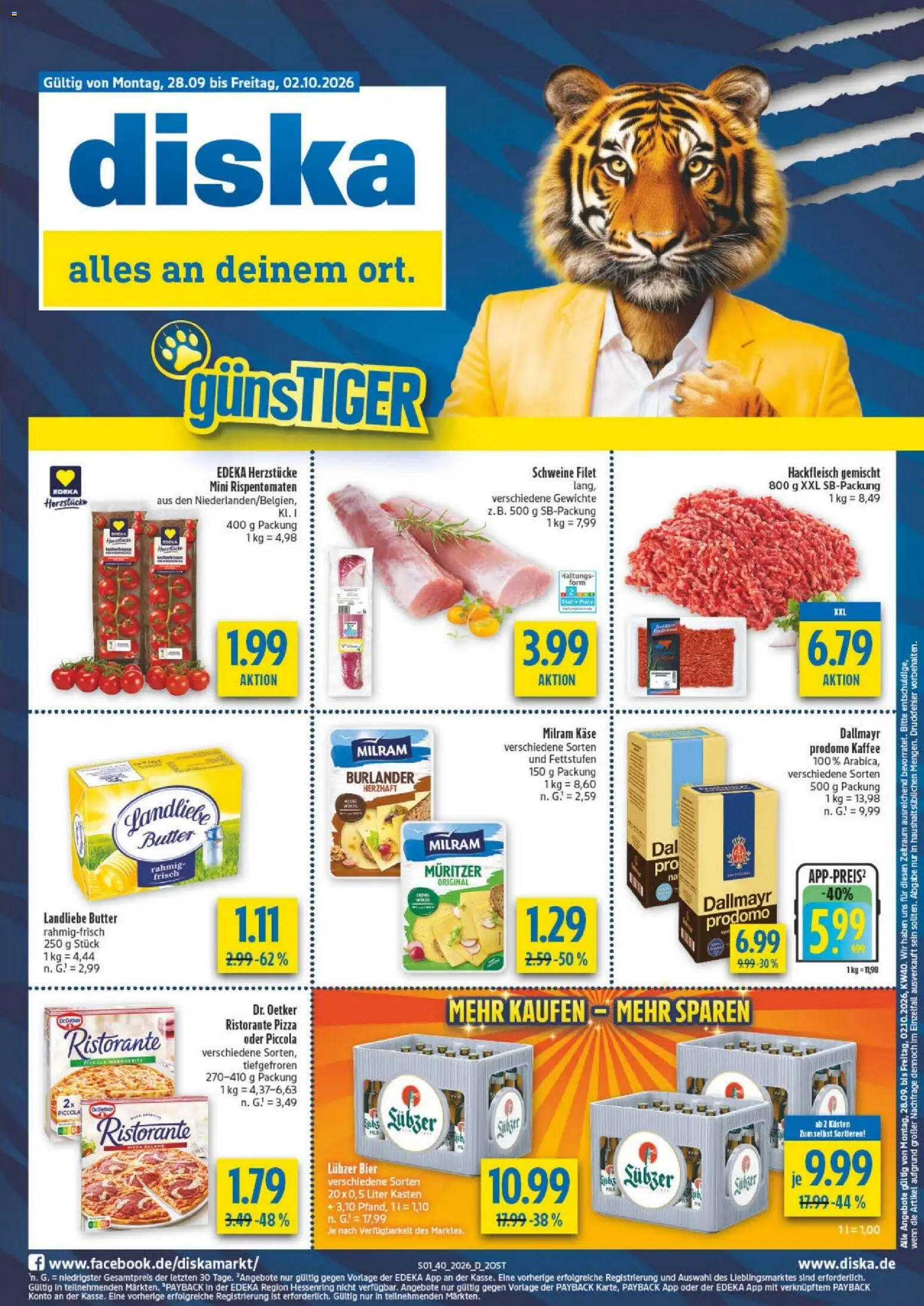 Diska Prospekt – gültig ab 28.09.2026 | Seite: 1 | Produkte: Ristorante, Butter, Lubzer, Hackfleisch