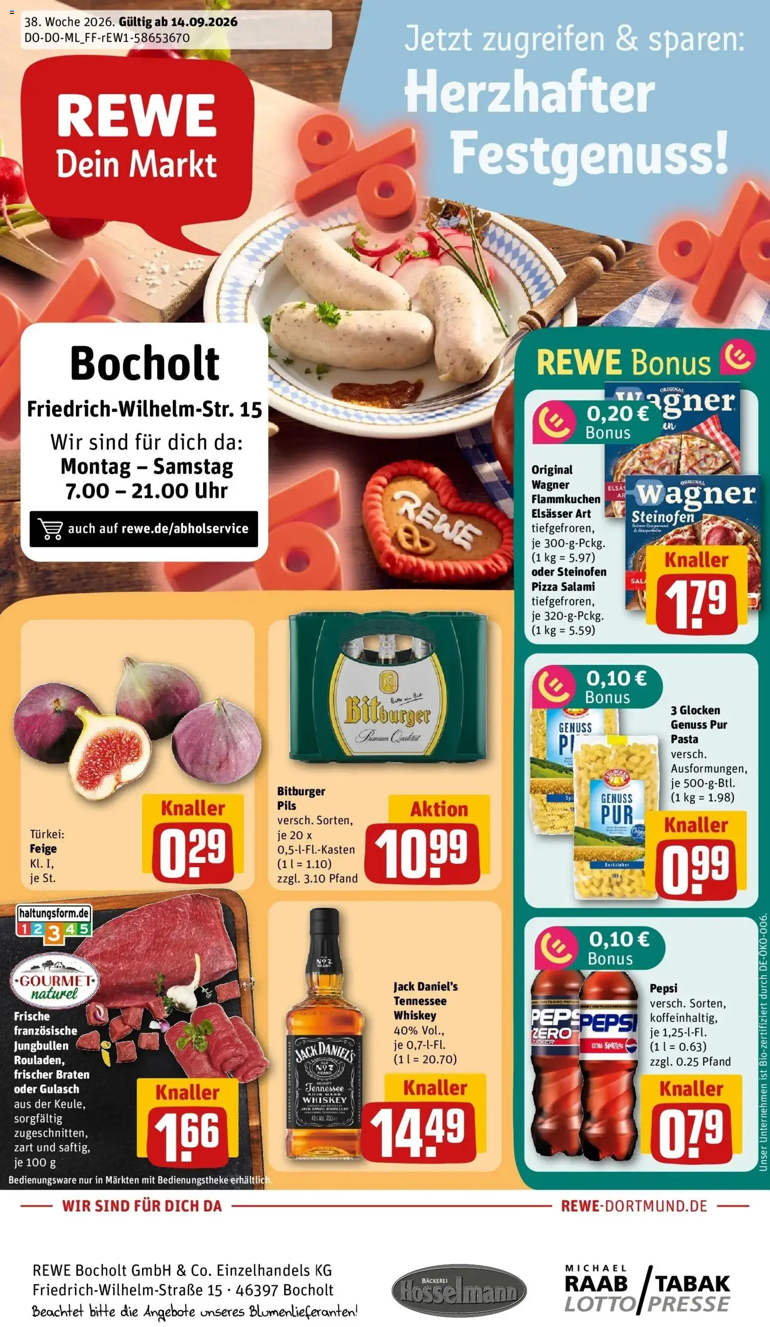 REWE Prospekt ab 14.09.2026 zum Blättern » Angebote | Seite: 1 | Produkte: Bäckerei, Jack Daniel's, Pizza, Whiskey