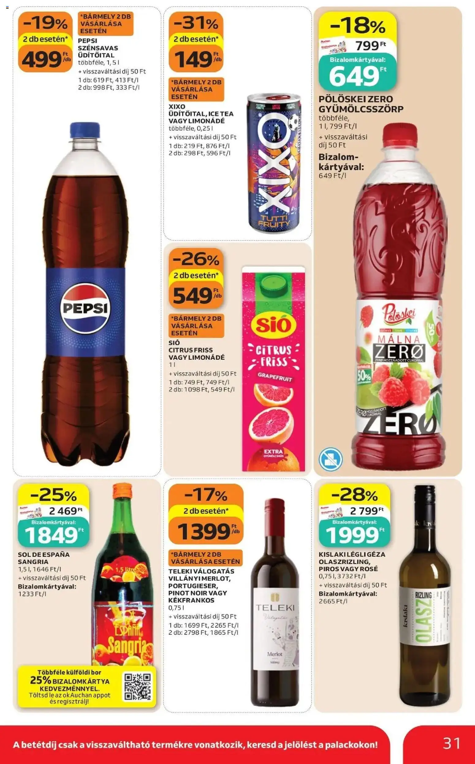 Auchan akciós újság Szolnok - 2026.09.17. -tól/töl > akció, lapozható szórólap 🛍️ | Oldal: 31 | Termékek: Lé, Limonádé, Tea, Rosé