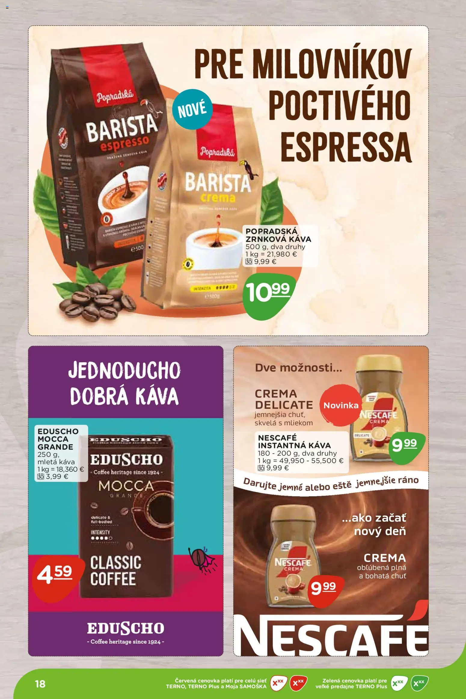 Nové Terno akcie – leták je platný od 07.09.2026 | Strana: 18 | Produkty: Káva, Barista, Instantná káva, Nescafé Crema