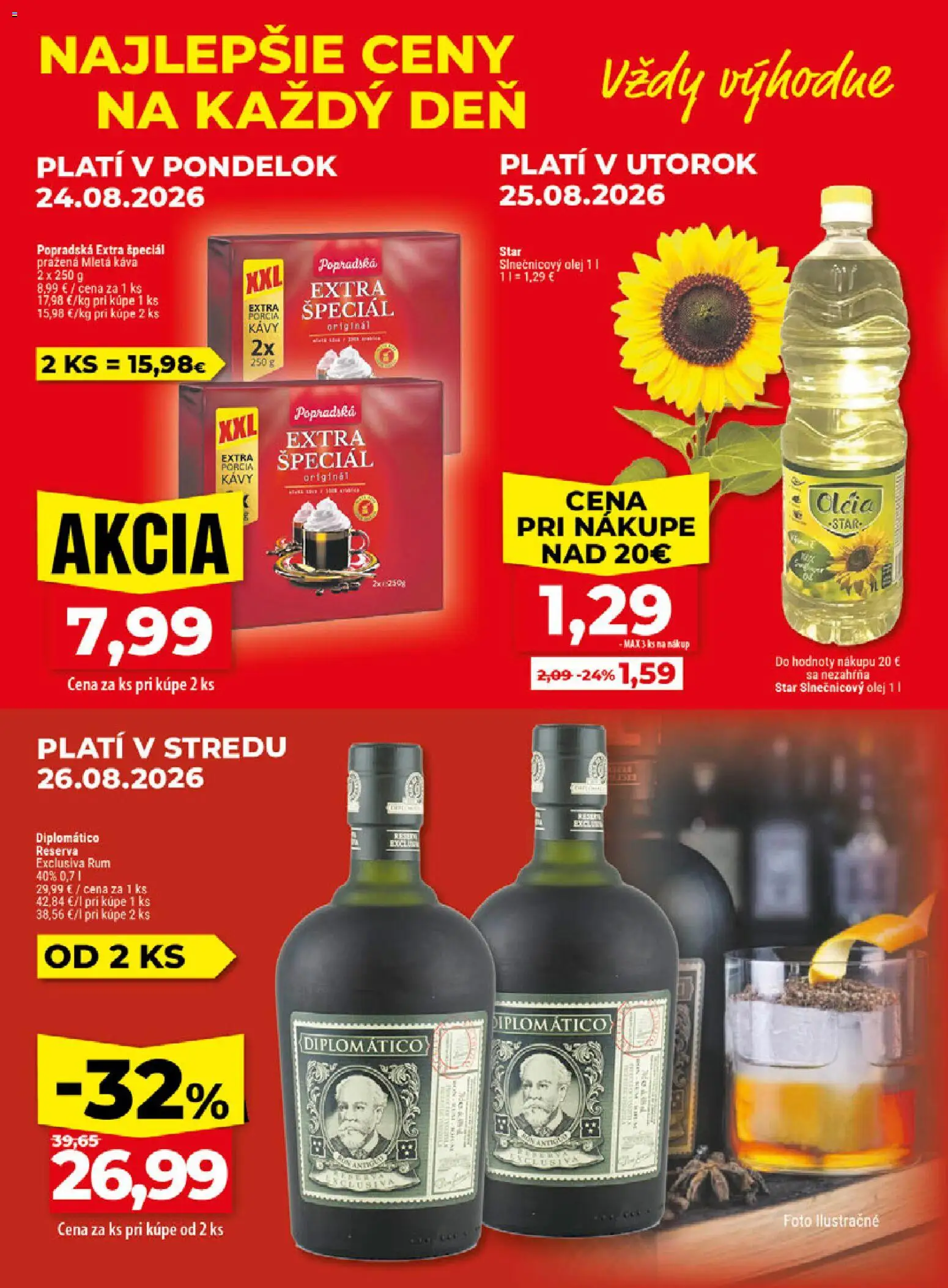 Nové Klas akcie – leták je platný od 24.08.2026 | Strana: 2 | Produkty: Diplomatico, Slnečnicový olej, Mletá káva, Rum