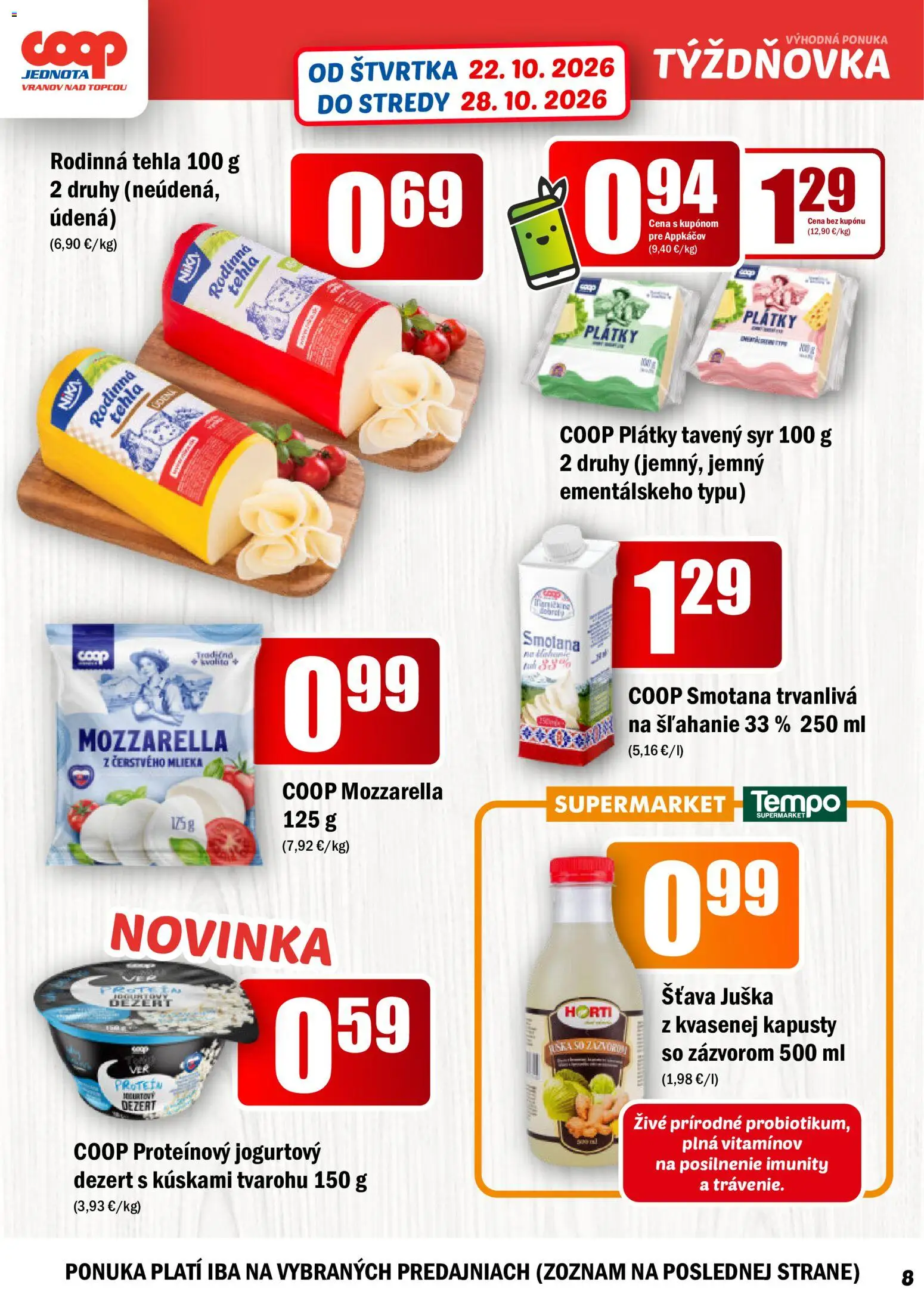 Nové COOP Jednota akcie – leták je platný od 22.10.2026 | Strana: 8 | Produkty: Syr, Mozzarella, Dezert, Šťava