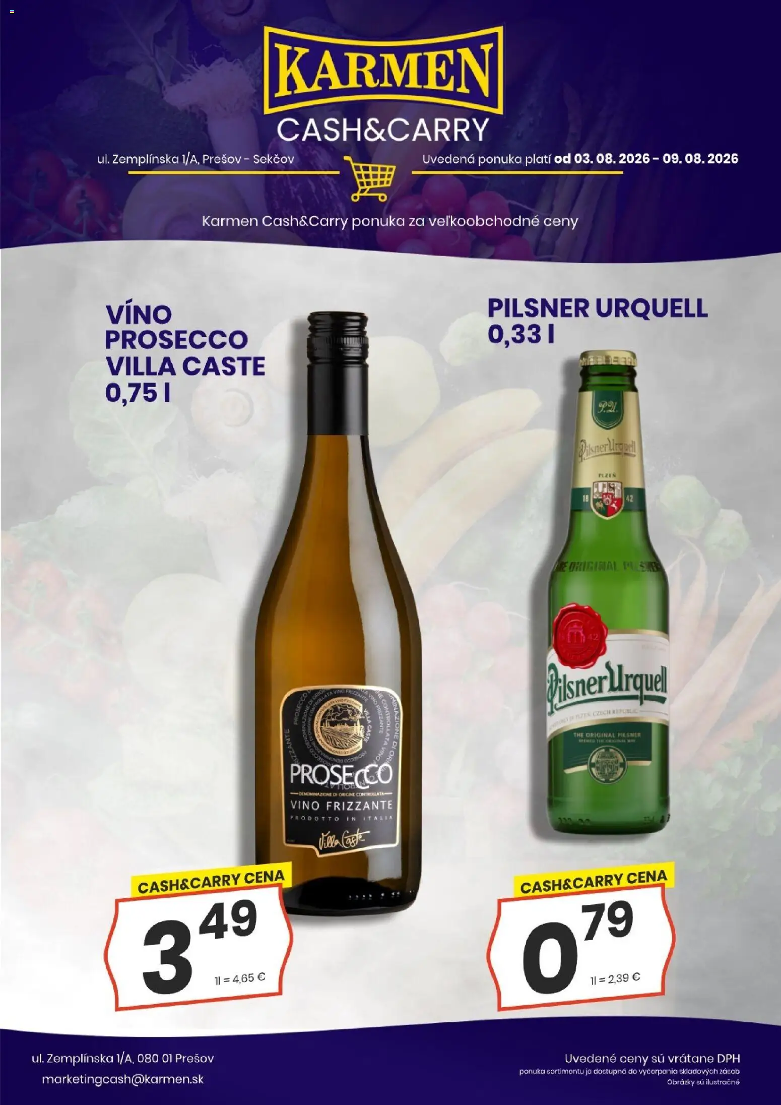 Nové KARMEN CBA akcie – leták je platný od 03.08.2026 | Strana: 2 | Produkty: Pilsner Urquell, Víno, Prosecco