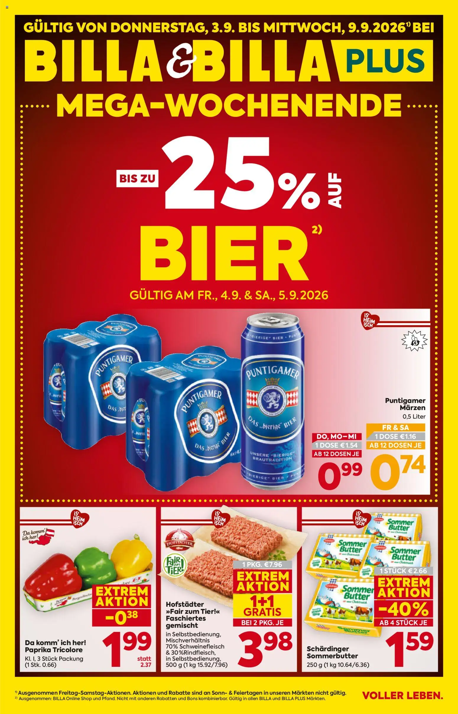 Billa - Flugblatt gültig ab 03.09.2026 | Seite: 1 | Produkte: Butter, Bier, Schweinefleisch