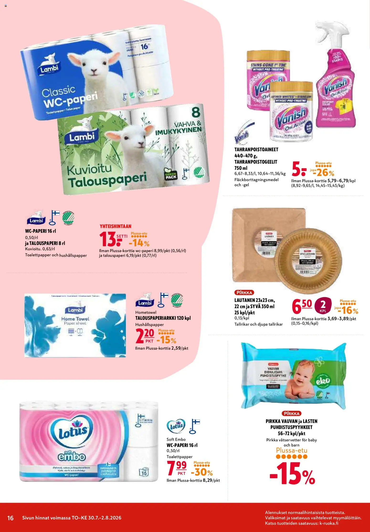 K-Citymarket tarjoukset – voimassa 30/07/2026 alkaen | Sivu: 16 | Tuotteet: Puhdistuspyyhkeet, Lautanen