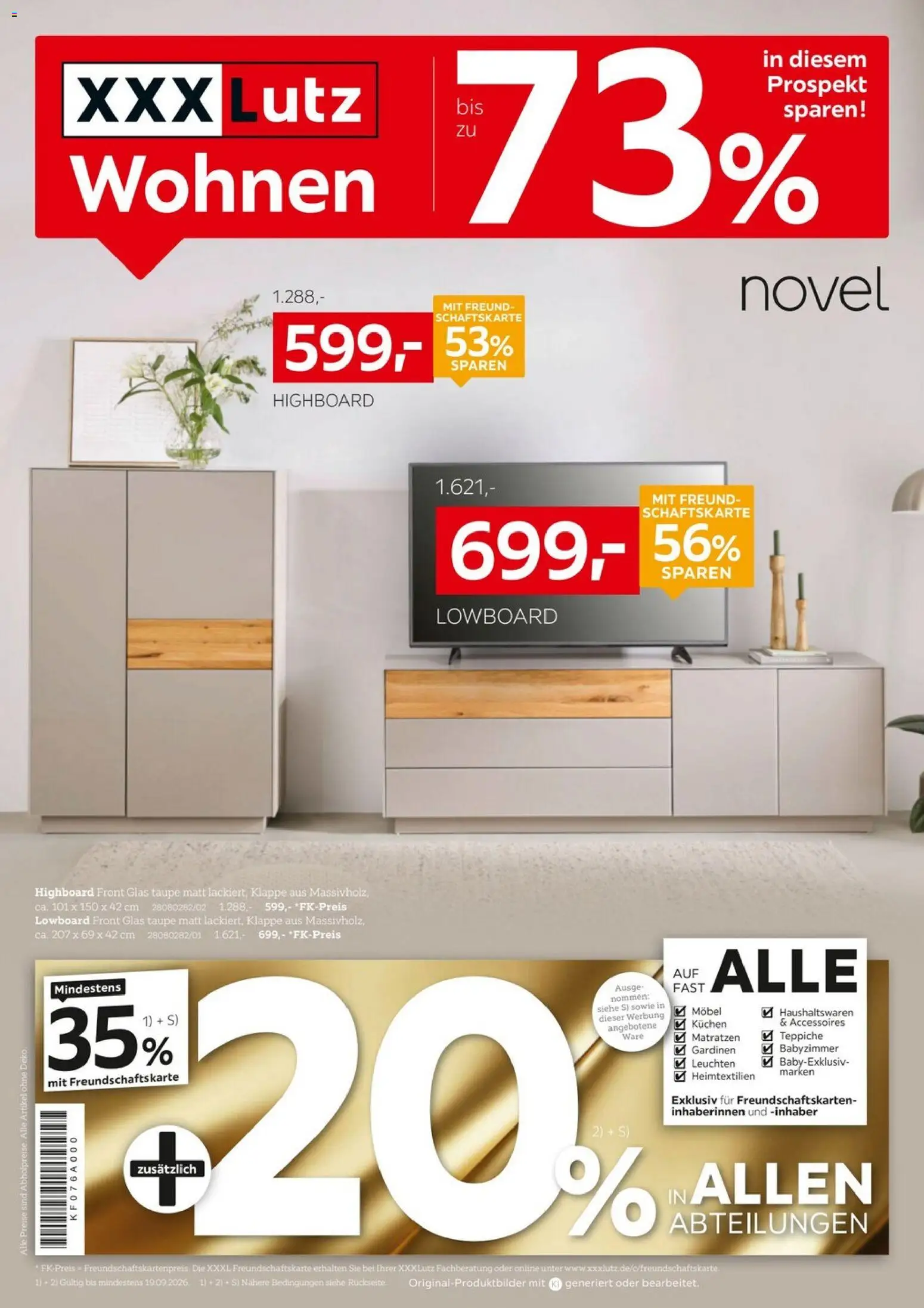 XXXLutz Bis zu 73% auf Wohnen – gültig ab 05.09.2026 | Seite: 1 | Produkte: Lowboard, HIghboard, Kuchen