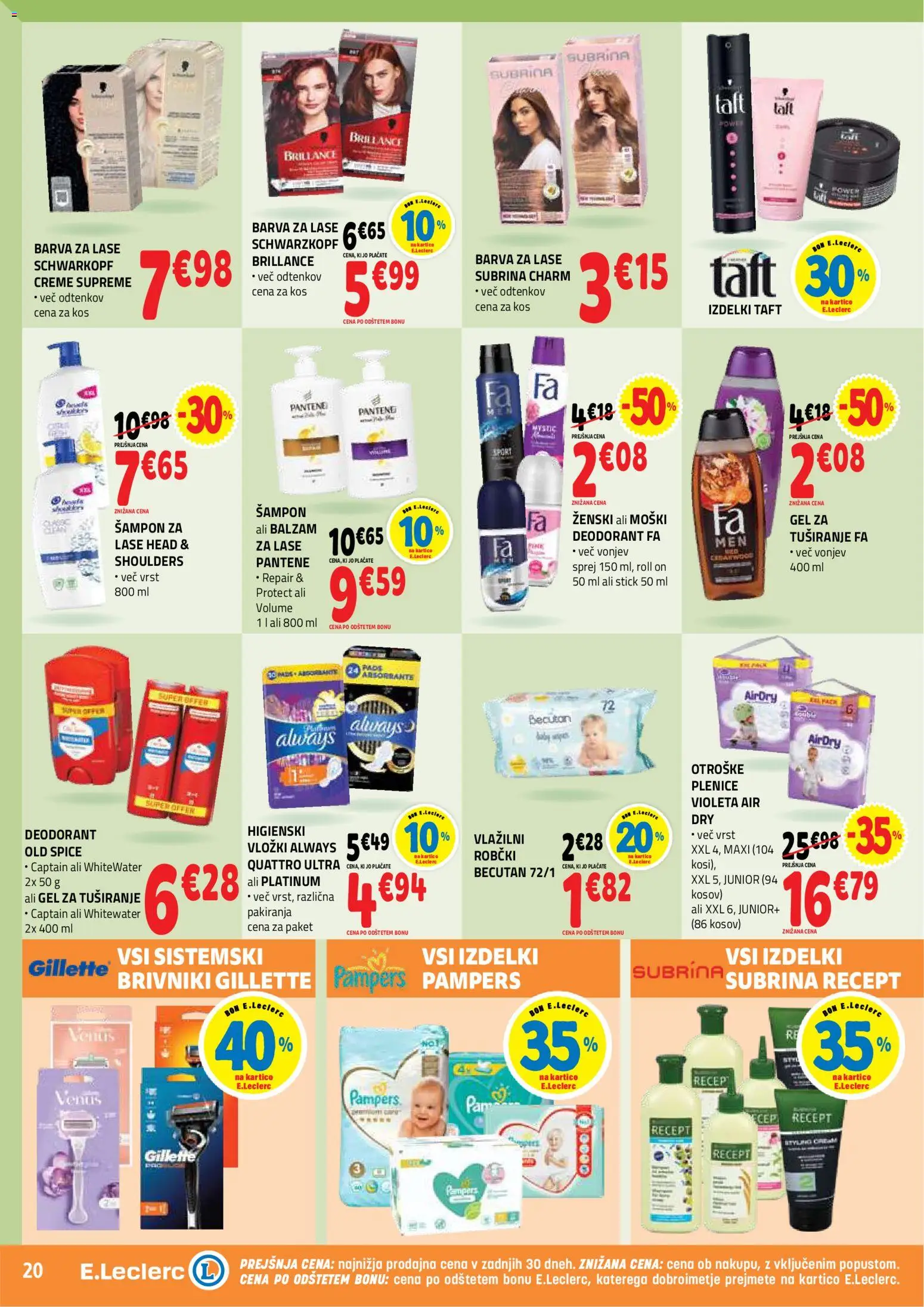 Novi E.leclerc katalog ponudbe – veljaven od 19.08.2026 | Stran: 20 | Izdelki: Sampon, Barva za lase, Gel za tusiranje, Barva