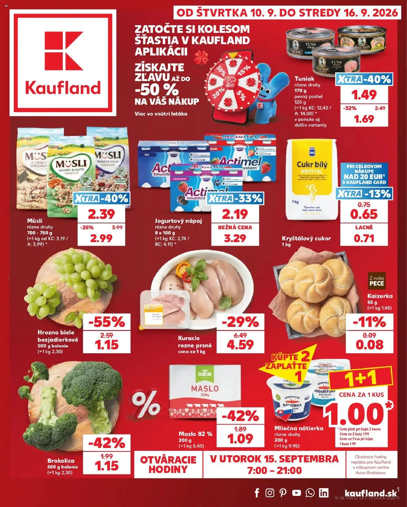 Nové Kaufland akcie – leták je platný od 10.09.2026 | Strana: 1 | Produkty: Hodiny, Müsli, Brokolica, Steak