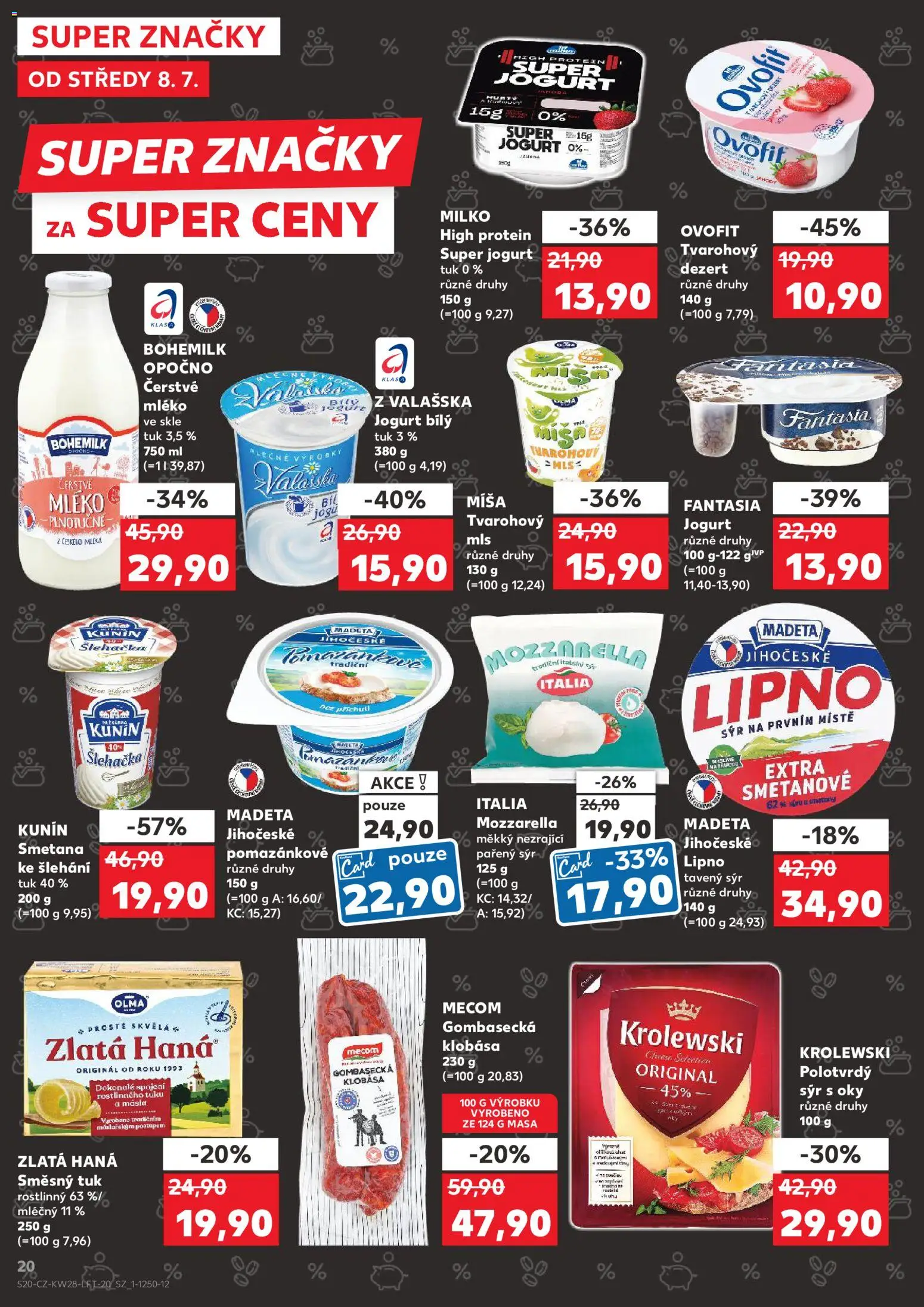 Kaufland leták - Plzeň od 08.07.2026 | Strana: 20 | Produkty: Tavený sýr, Mléko, Sýr, Protein