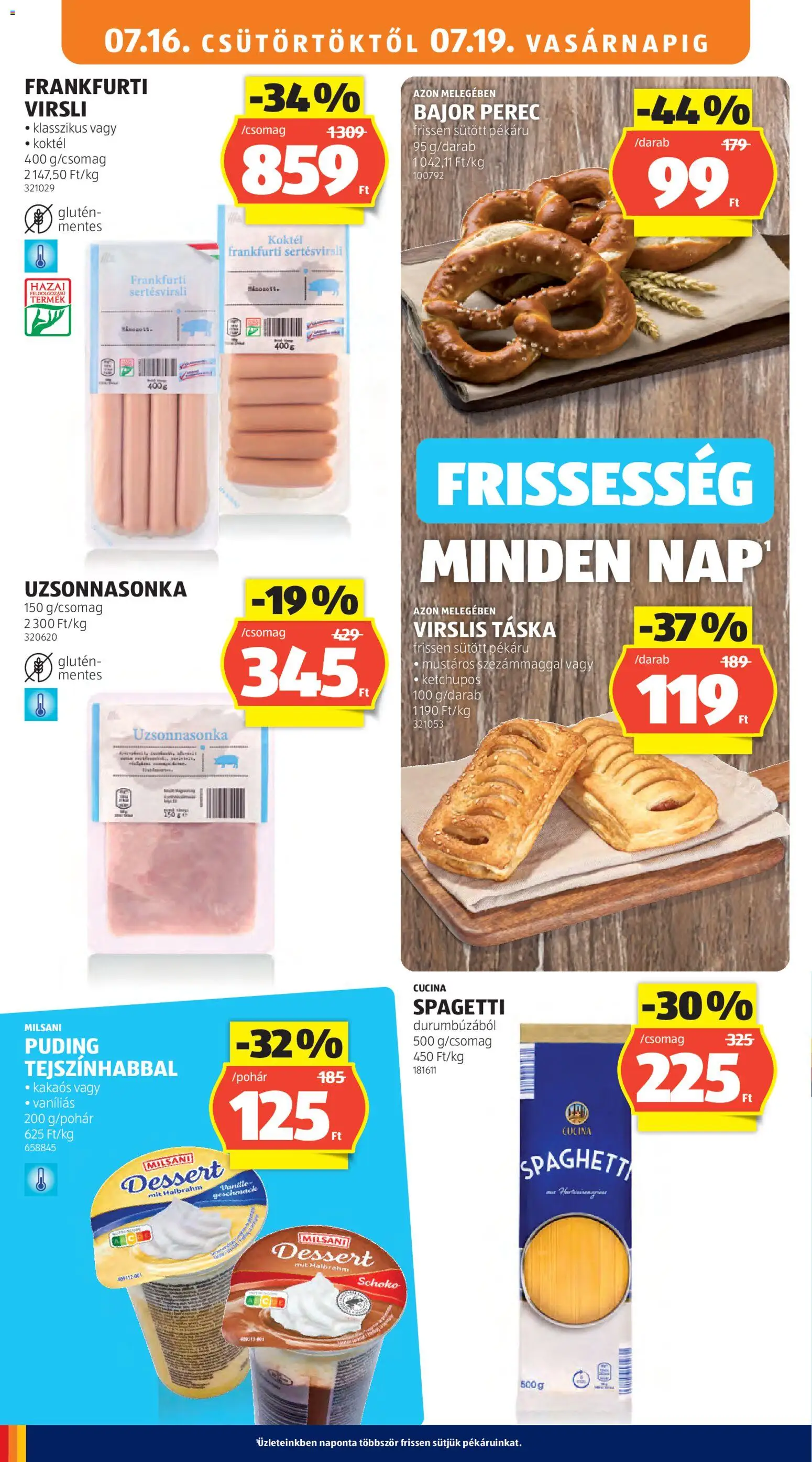 Aldi akciós ujság - amely érvényes a következő dátumtól: 2026.07.16. | Oldal: 16 | Termékek: Puding, Spagetti, Milsani, Táska