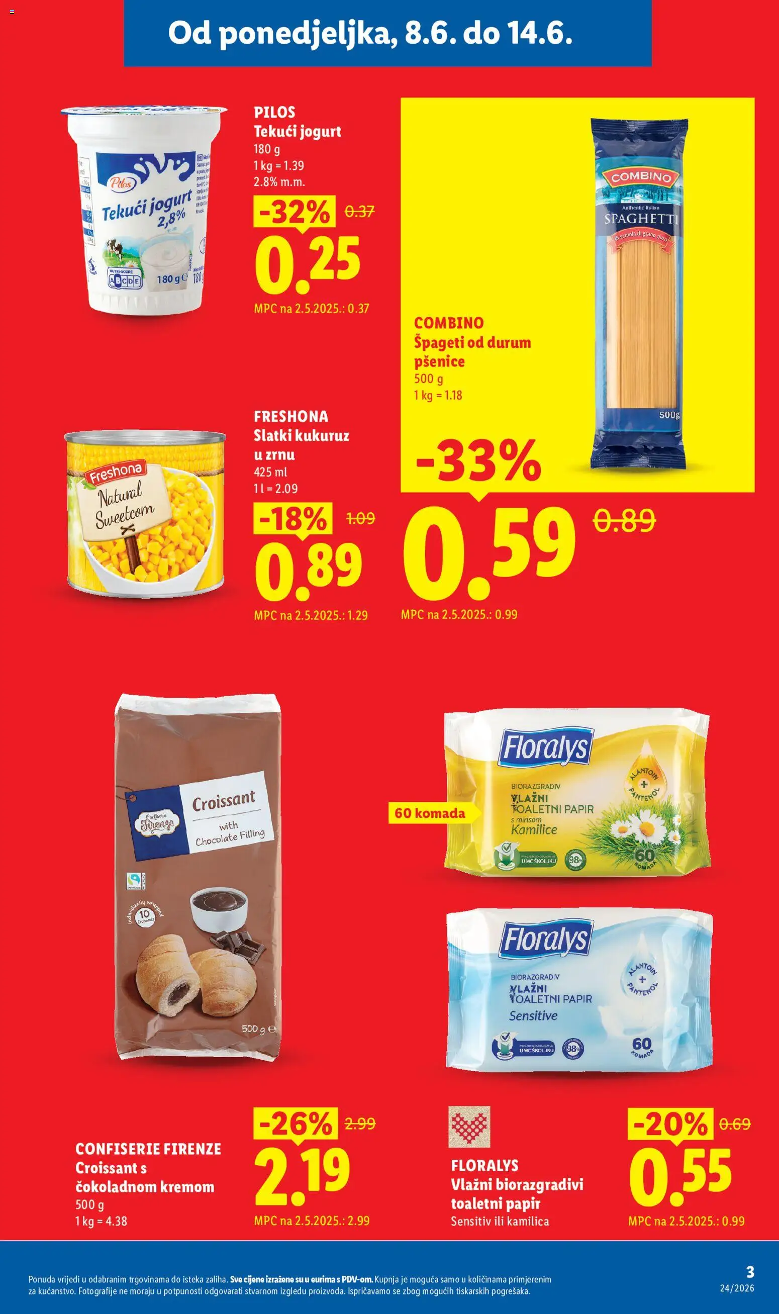 Lidl katalog | vrijedi od 08.06.2026 | Stranica: 3 | Proizvodi: Jogurt, Kukuruz, Špageti, Toaletni papir