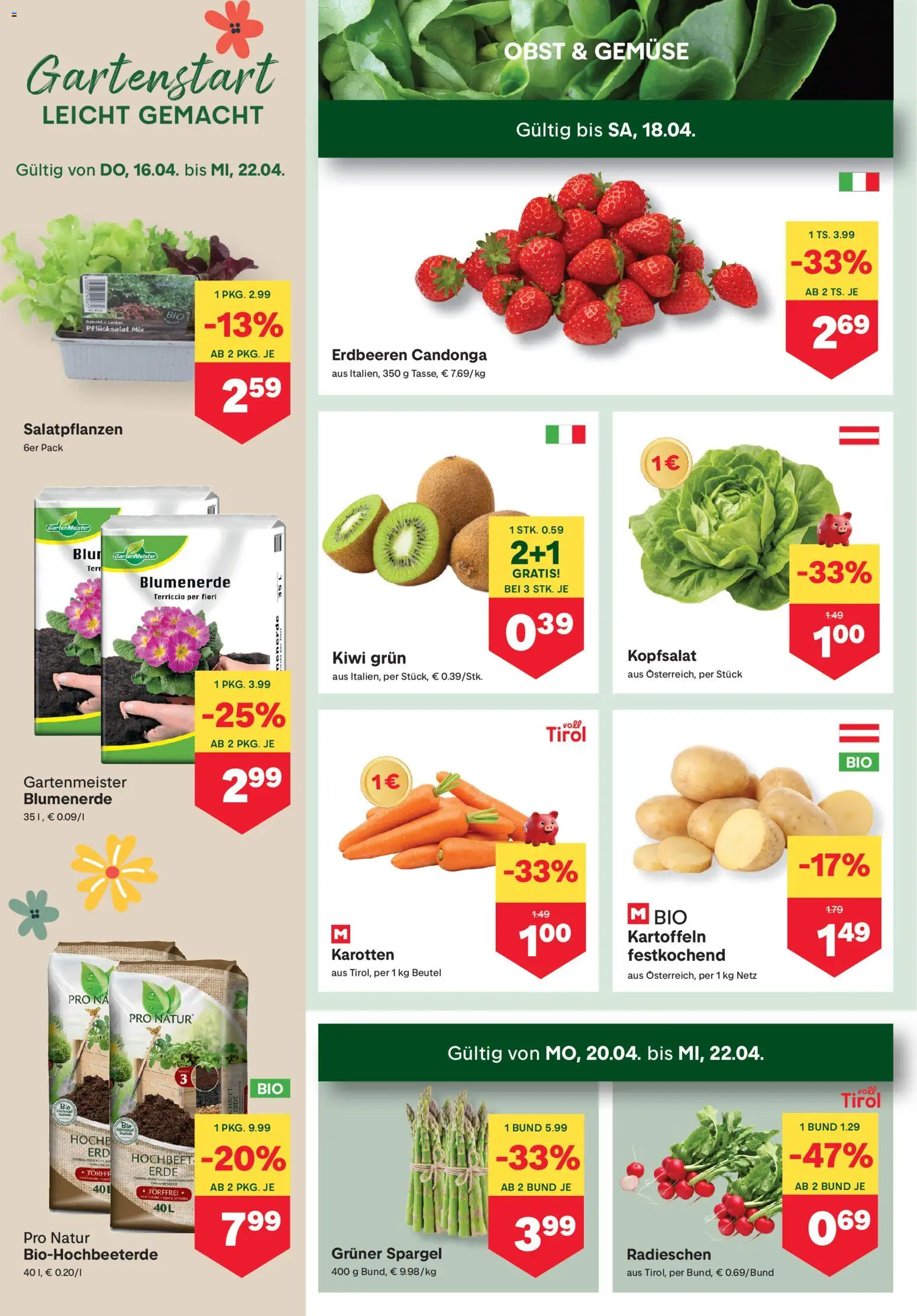 MPREIS Flugblatt gültig ab 16.04.2026 | Seite: 2 | Produkte: Erdbeeren, Kartoffeln, Gemüse, Obst