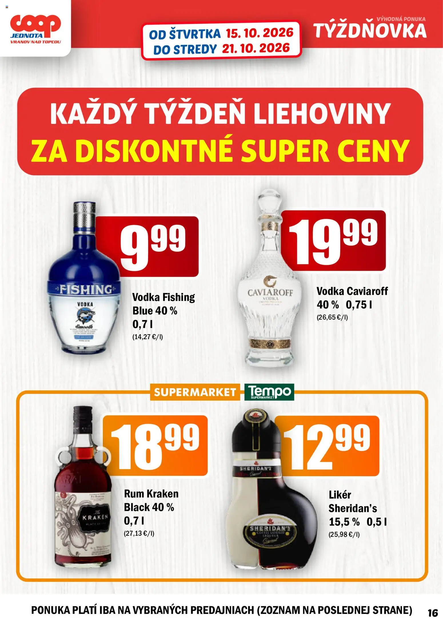 Nové COOP Jednota akcie – leták je platný od 15.10.2026 | Strana: 16 | Produkty: Rum Kraken, Vodka, Rum
