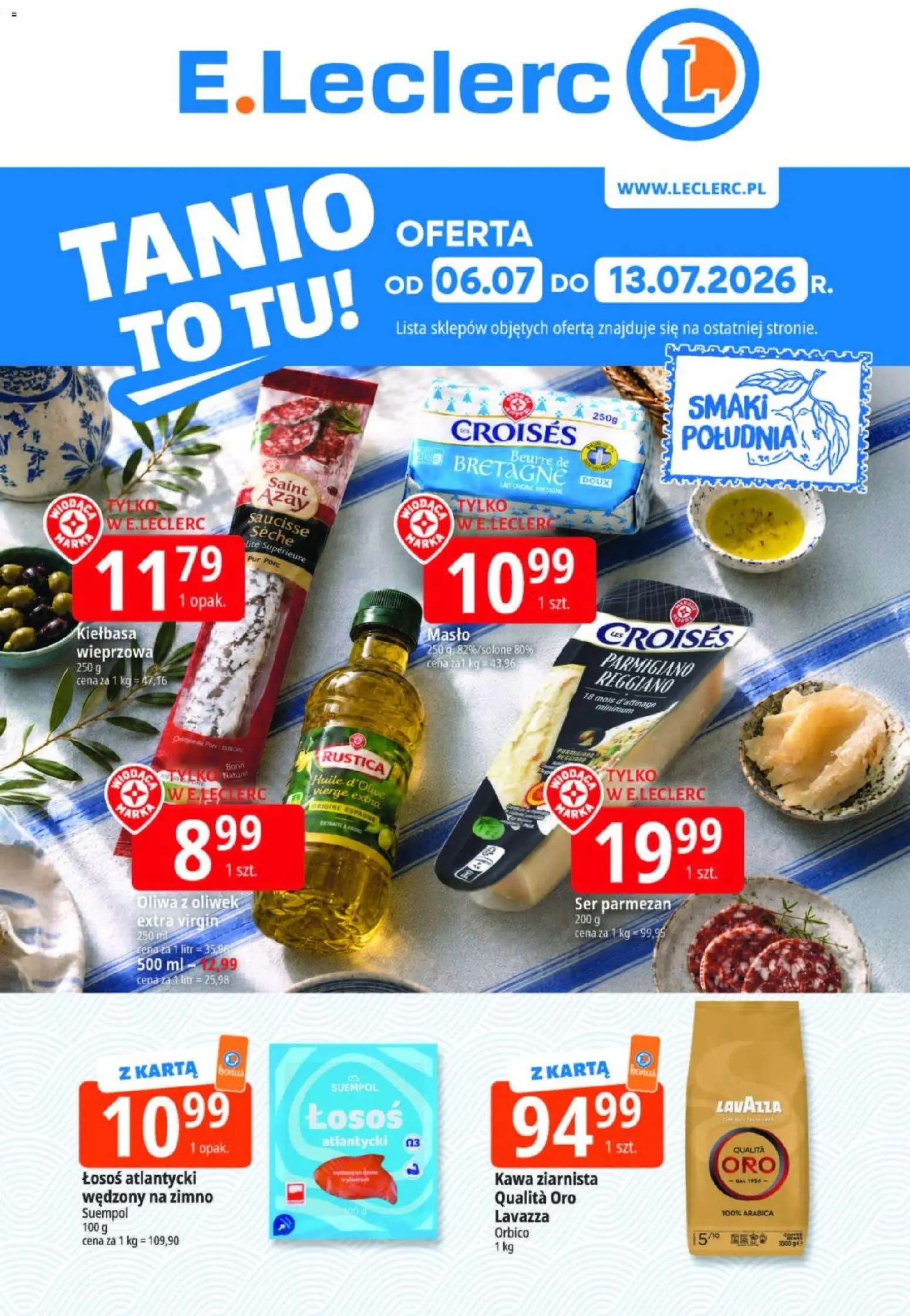 E.Leclerc gazetka od 06.07.2026 | Strona: 1 | Produkty: Łosoś atlantycki, Kawa ziarnista, Lavazza, Masło