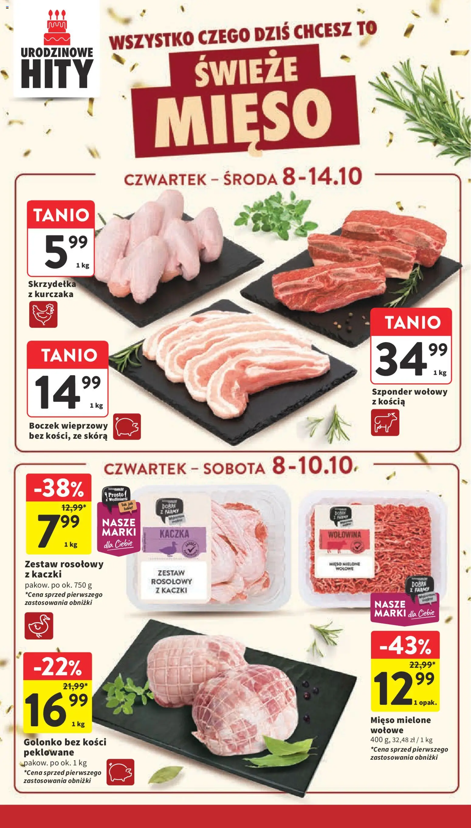 Intermarche gazetka od 08.10.2026 | Strona: 14 | Produkty: Skrzydełka z kurczaka, Kaczka, Mięso mielone, Boczek