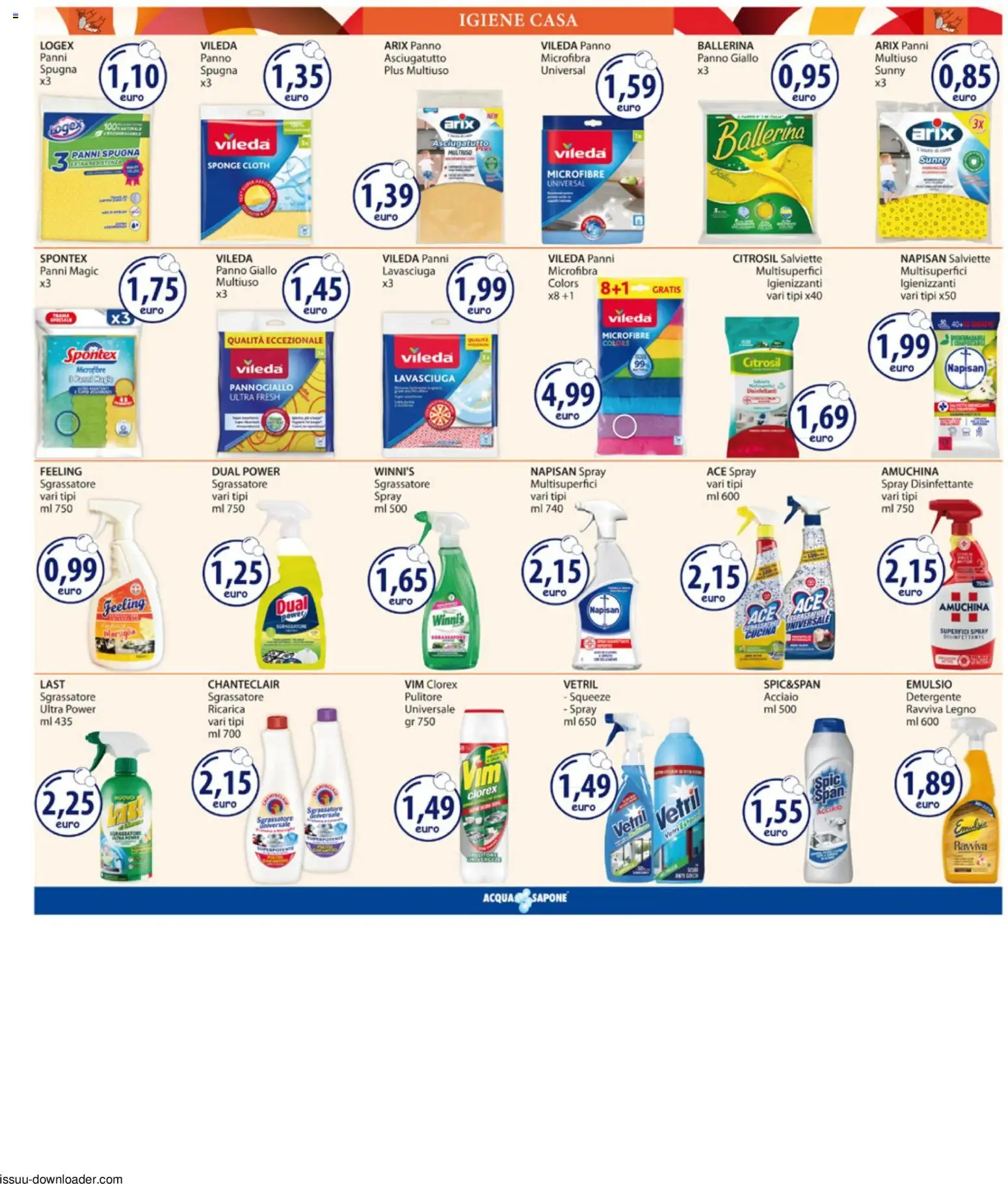 Volantino Acqua e Sapone del 27/07/2026 | Pagina: 16 | Prodotti: Spugna, Spray disinfettante, Sgrassatore, Asciugatutto