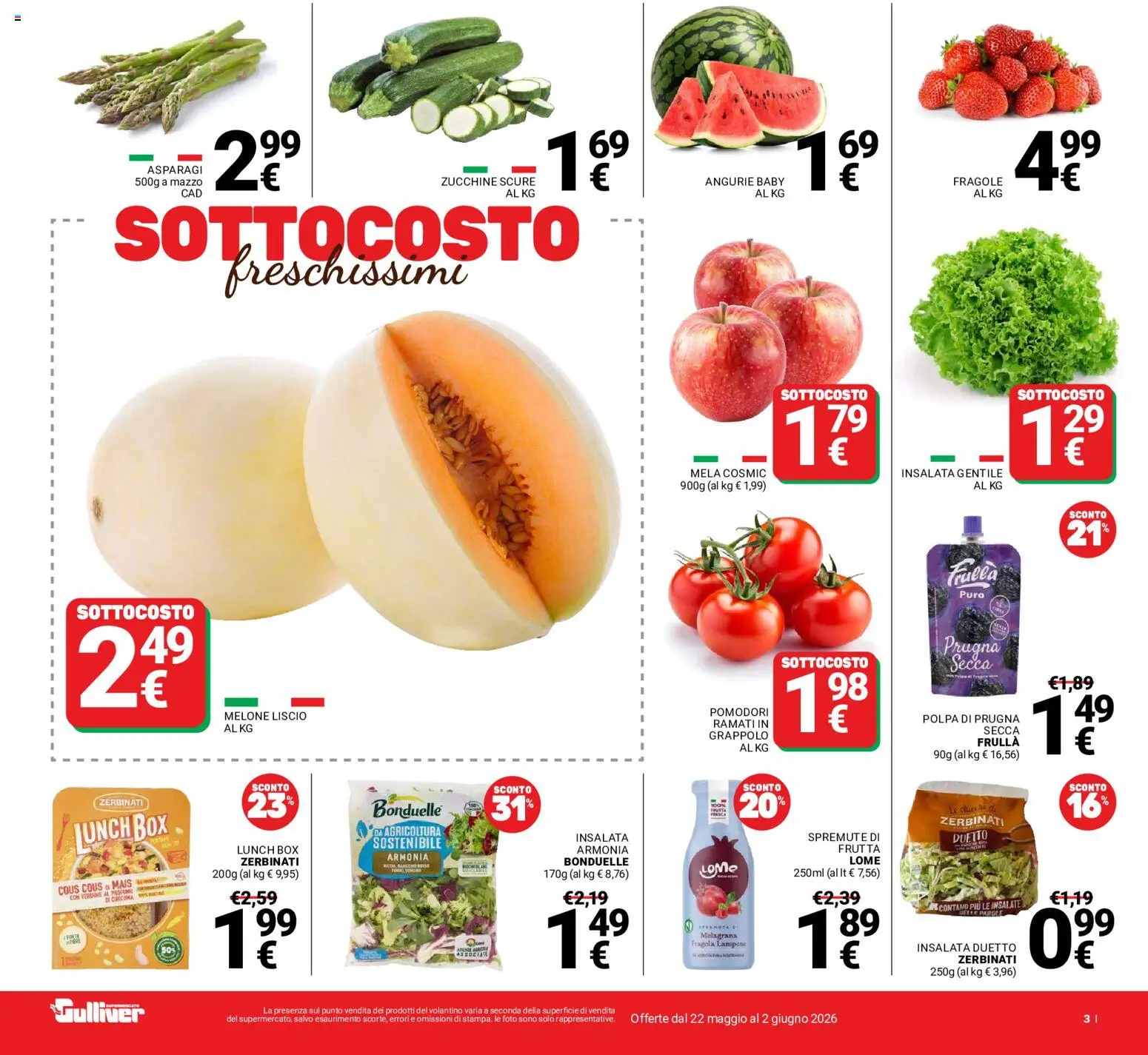 Volantino Gulliver del 22.05.2026 | Pagina: 3 | Prodotti: Fragole, Verdure, Cous cous, Zucchine
