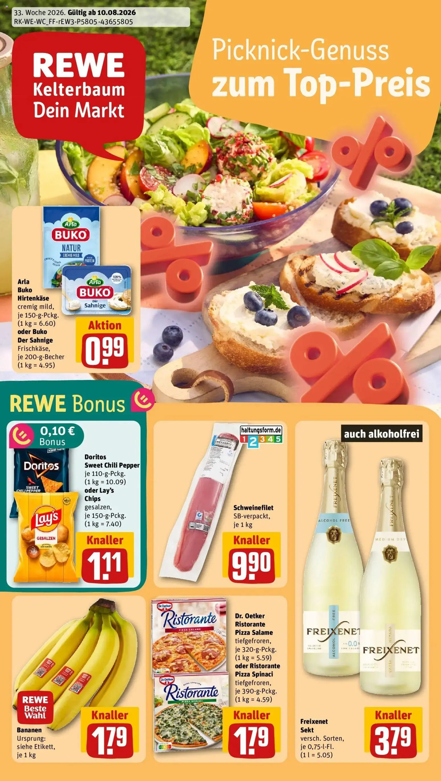 REWE Prospekt ab 10.08.2026 zum Blättern » Angebote | Seite: 1 | Produkte: Freixenet, Bananen, Arla buko, Chips