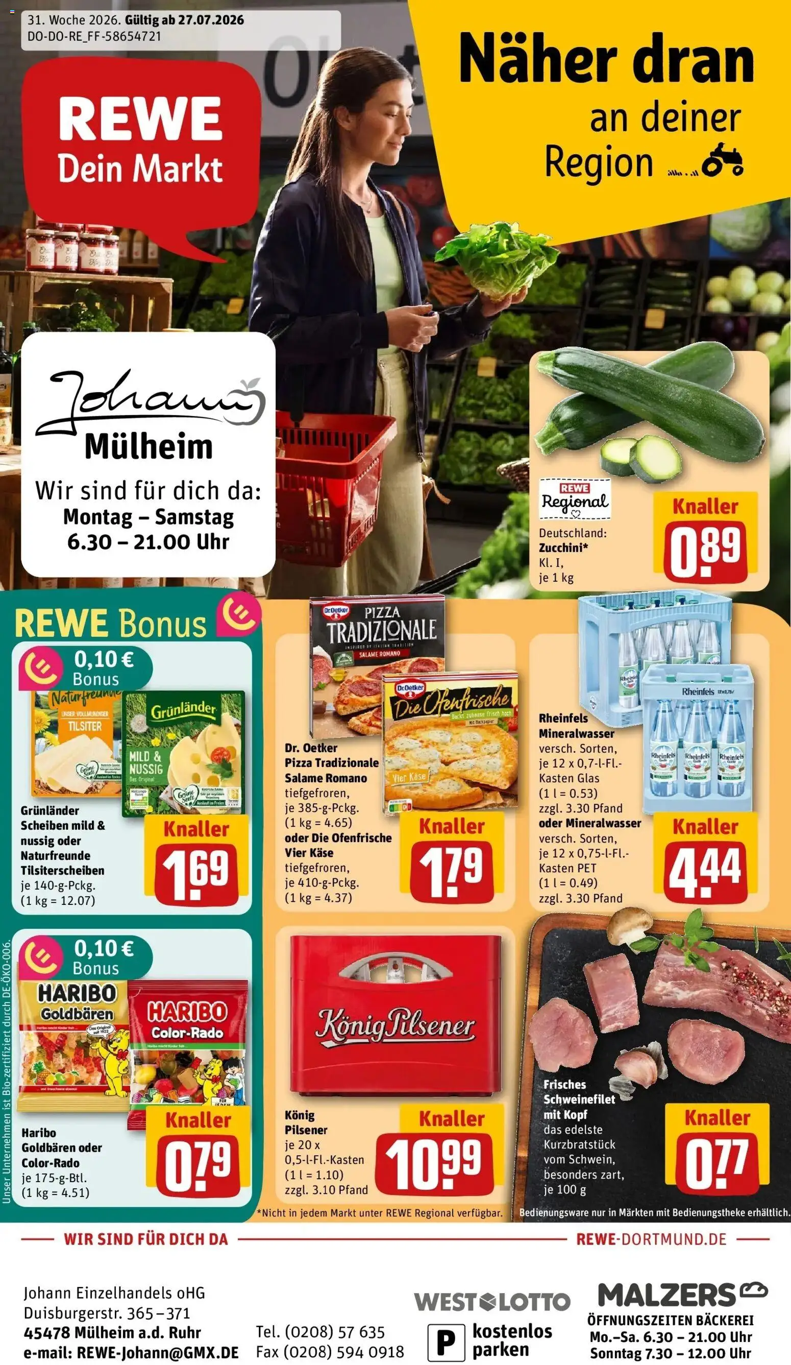 Rewe Prospekt Mülheim An Der Ruhr – gültig ab 27.07.2026 | Seite: 1 | Produkte: Bäckerei, Haribo, Mineralwasser, Uhr