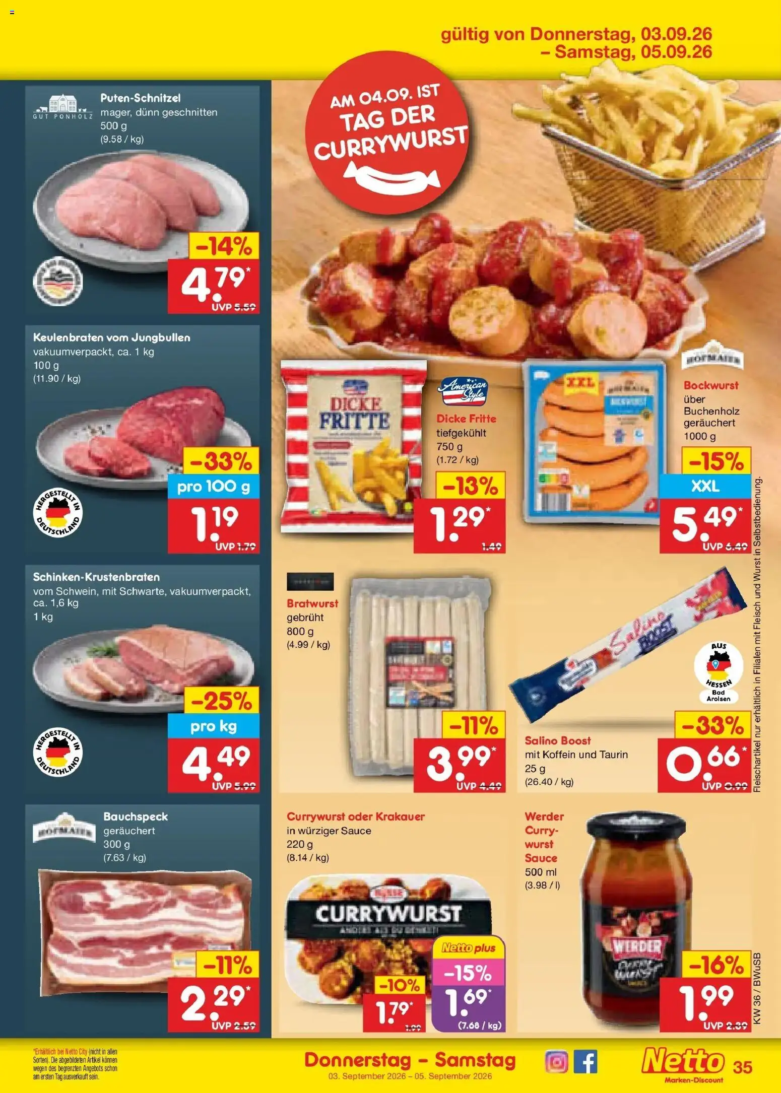 Netto Marken-Discount Prospekt Stemwede-Dielingen (ab 31.08.2026) » Angebote | Seite: 47 | Produkte: Bratwurst, Putenschnitzel, Wurst, Fleisch