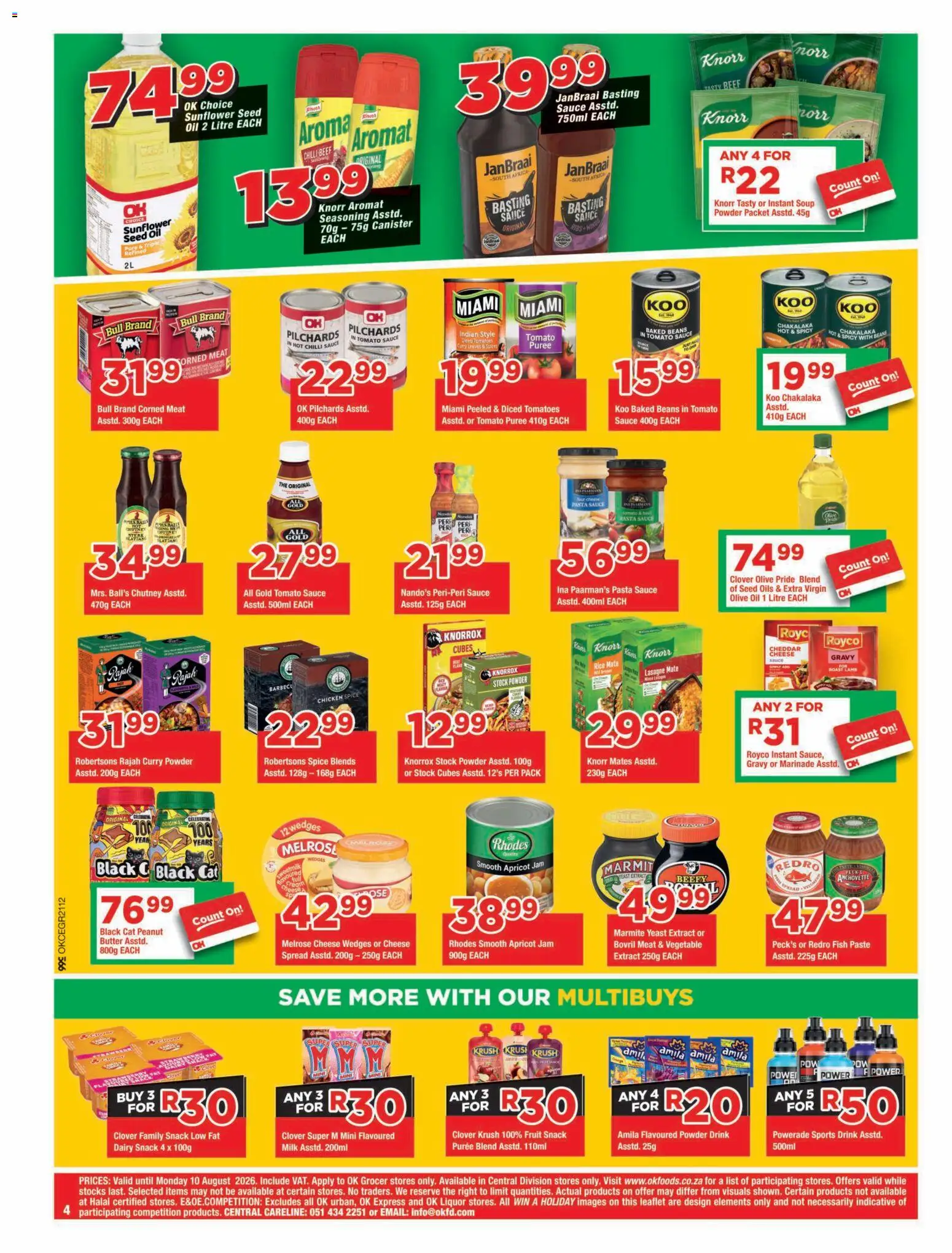 New OK Foods catalogue – valid from 24/07/2026 | Page: 4 | Products: Corned meat, Chicken, Tomatoes, Stock