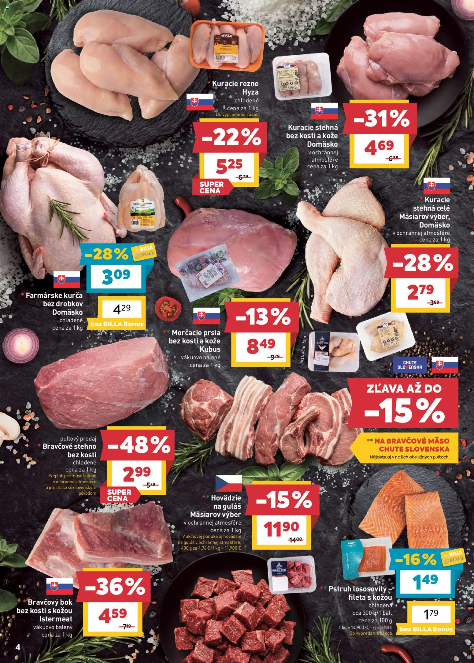 Nové Billa akcie – leták je platný od 23.09.2026 | Strana: 4 | Produkty: Bravčový bok bez kosti, Bok bez kosti, Kurča, Rezne