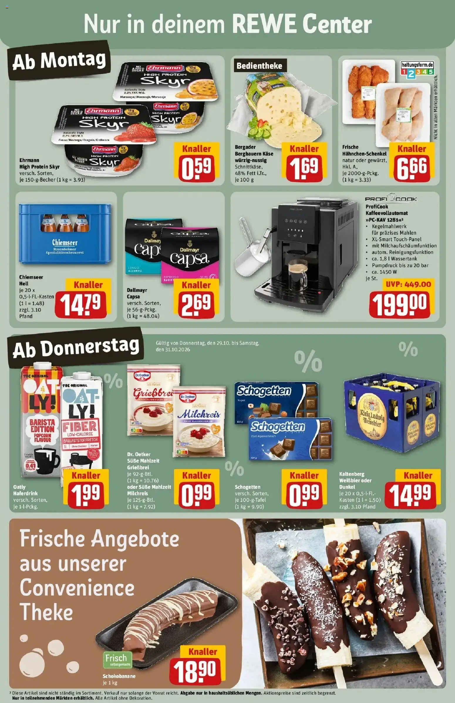 REWE Prospekt ab 26.10.2026 zum Blättern » Angebote | Seite: 3 | Produkte: Hahnchenschenkel, Skyr, Dallmayr, Schogetten
