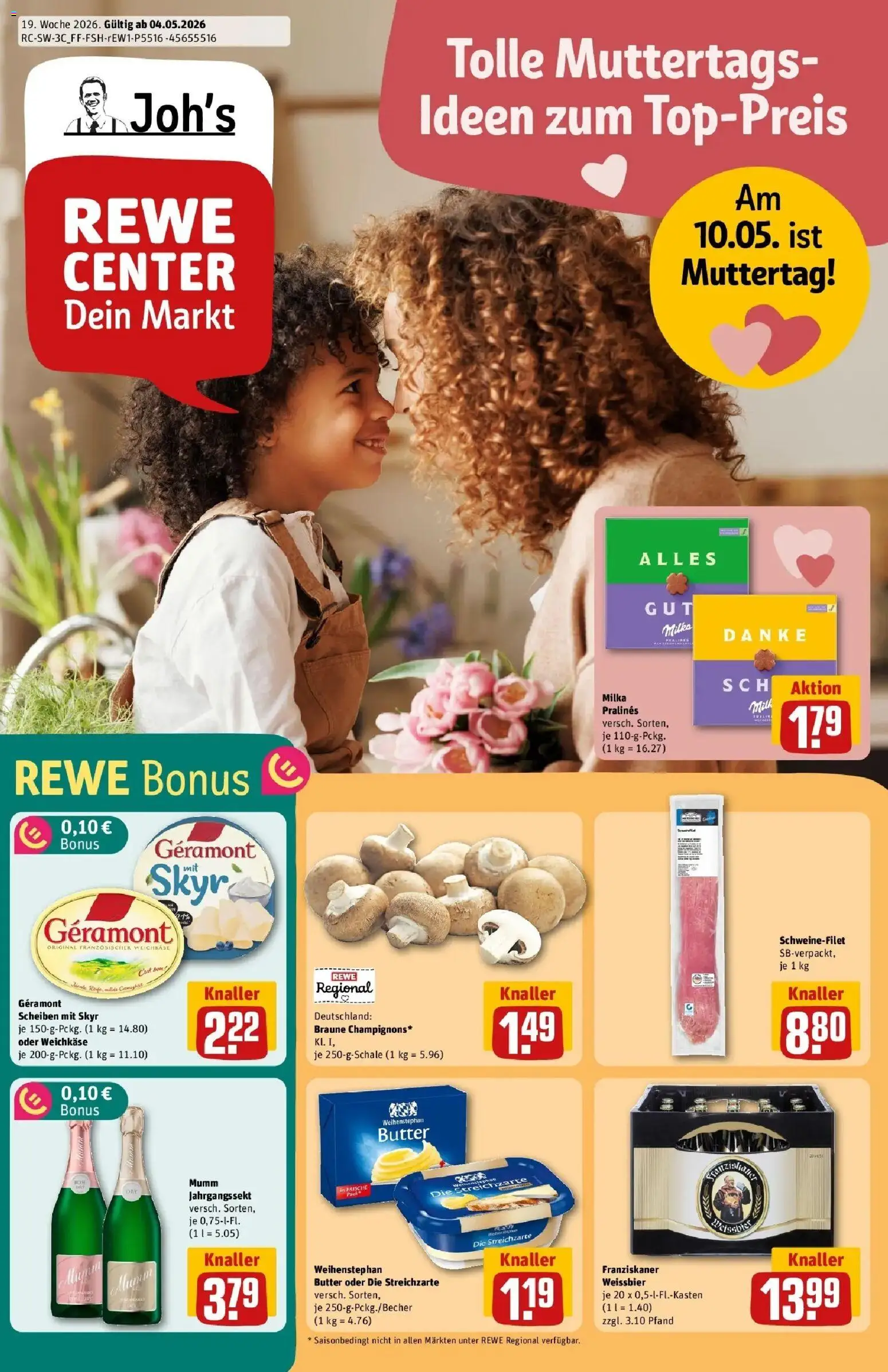 REWE Prospekt ab 04.05.2026 zum Blättern » Angebote | Seite: 1 | Produkte: Franziskaner, Weißbier, Milka, Skyr