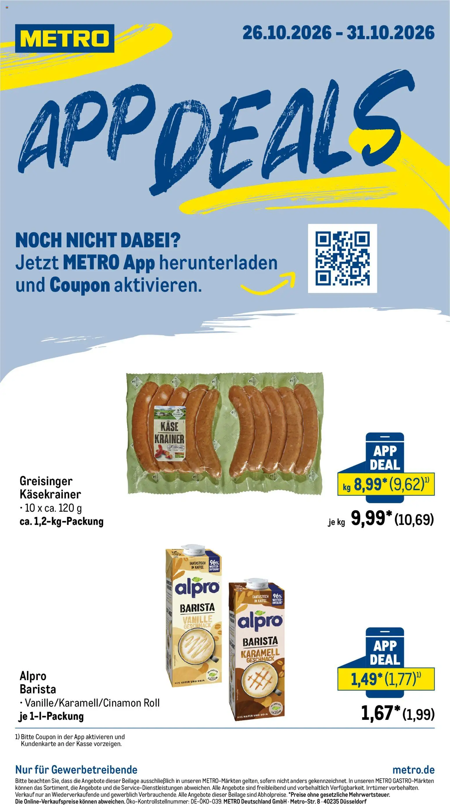 Metro App-Deals – gültig ab 26.10.2026 | Seite: 1 | Produkte: Käse, Kaffee, Käsekrainer, Alpro