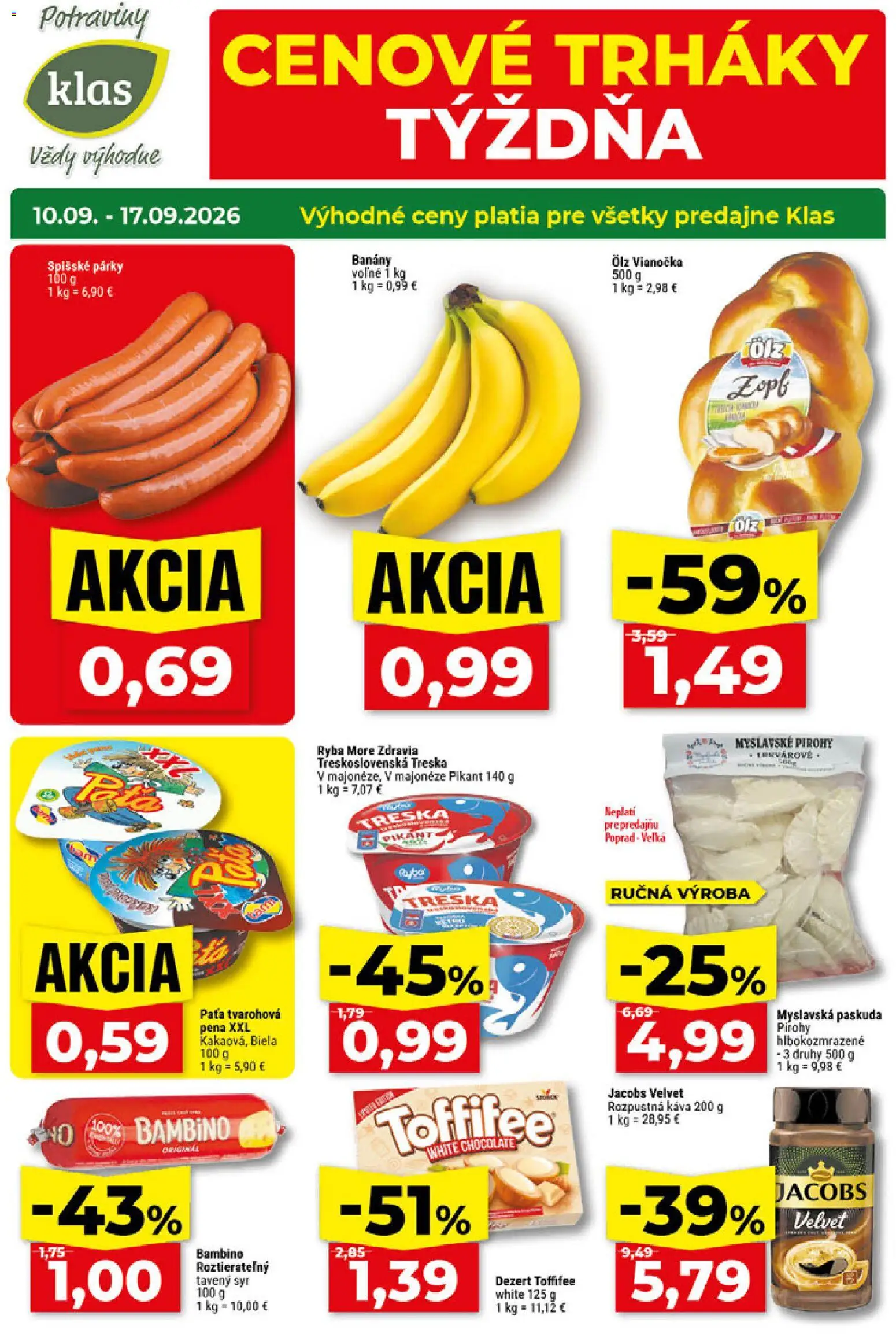 Nové Klas akcie – leták je platný od 10.09.2026 | Strana: 1 | Produkty: Jacobs Velvet, Káva, Toffifee, Dezert