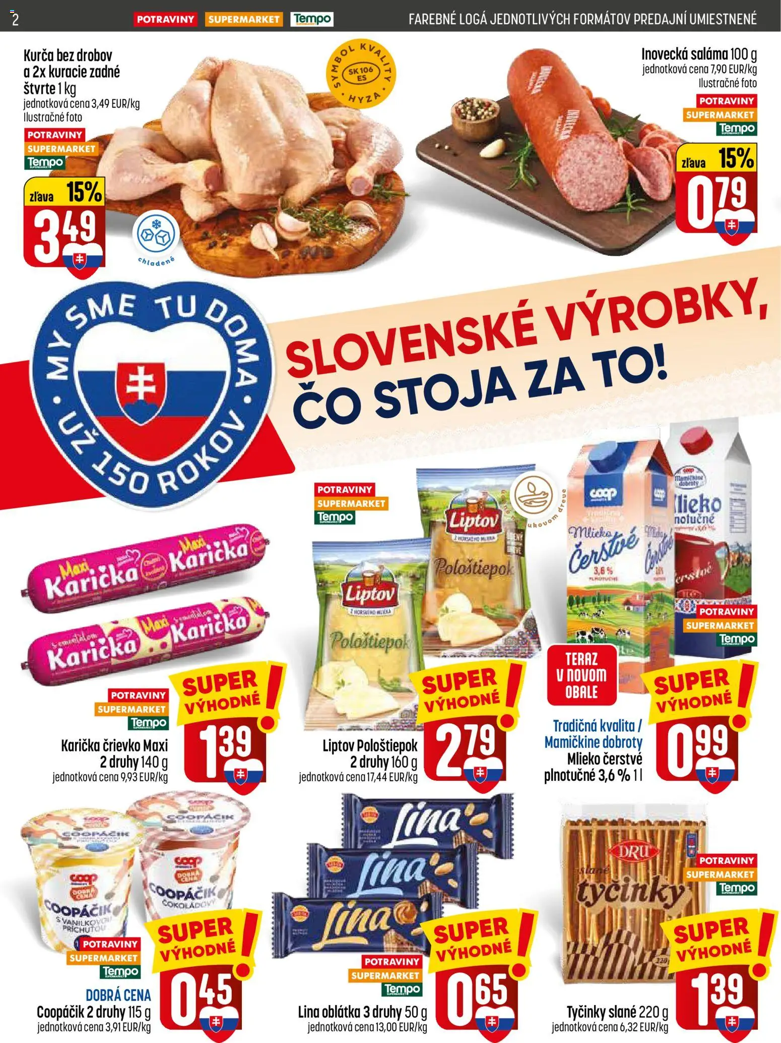 Nové COOP Jednota akcie – leták je platný od 07.05.2026 | Strana: 2 | Produkty: Mlieko, Saláma, Kurča