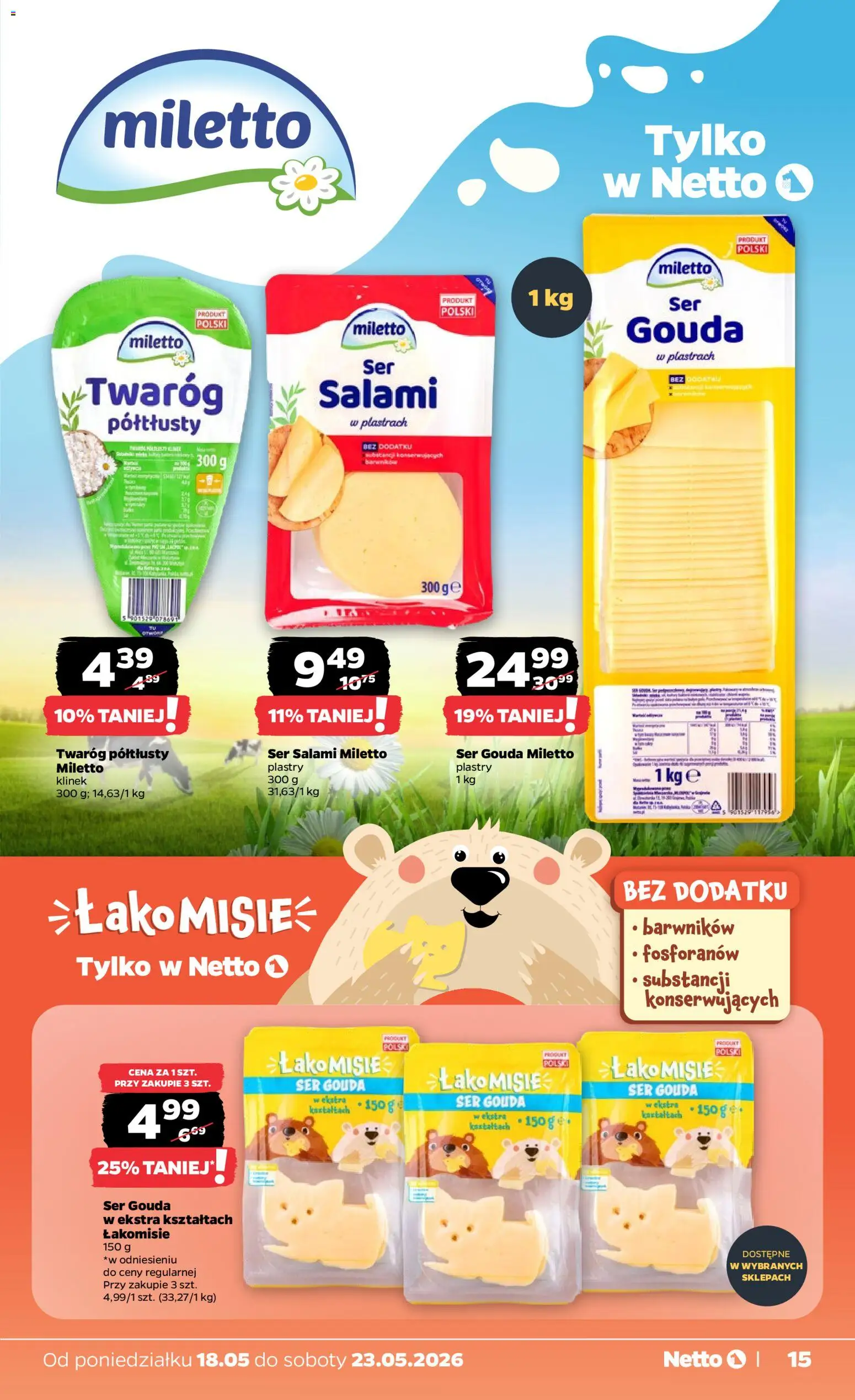 Netto gazetka od poniedziałku spożywcza od 18.05.2026 | Strona: 15 | Produkty: Ser, Salami, Twaróg, Ser gouda
