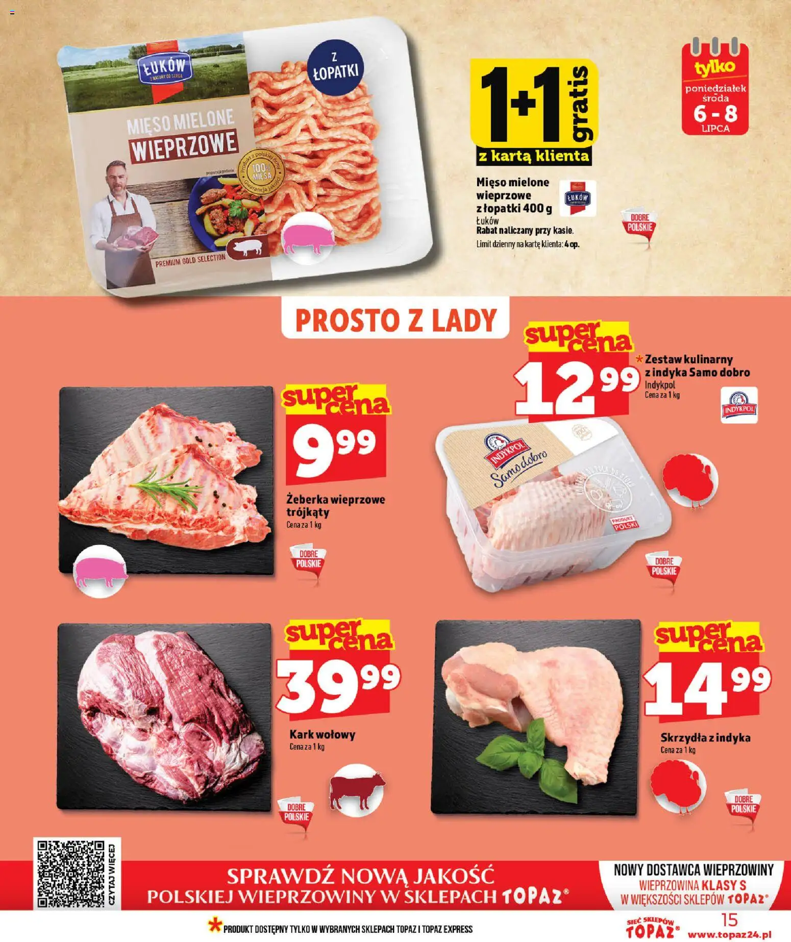 Topaz gazetka od 02.07.2026 | Strona: 15 | Produkty: Karta, Mięso, Mięso mielone, Wieprzowina