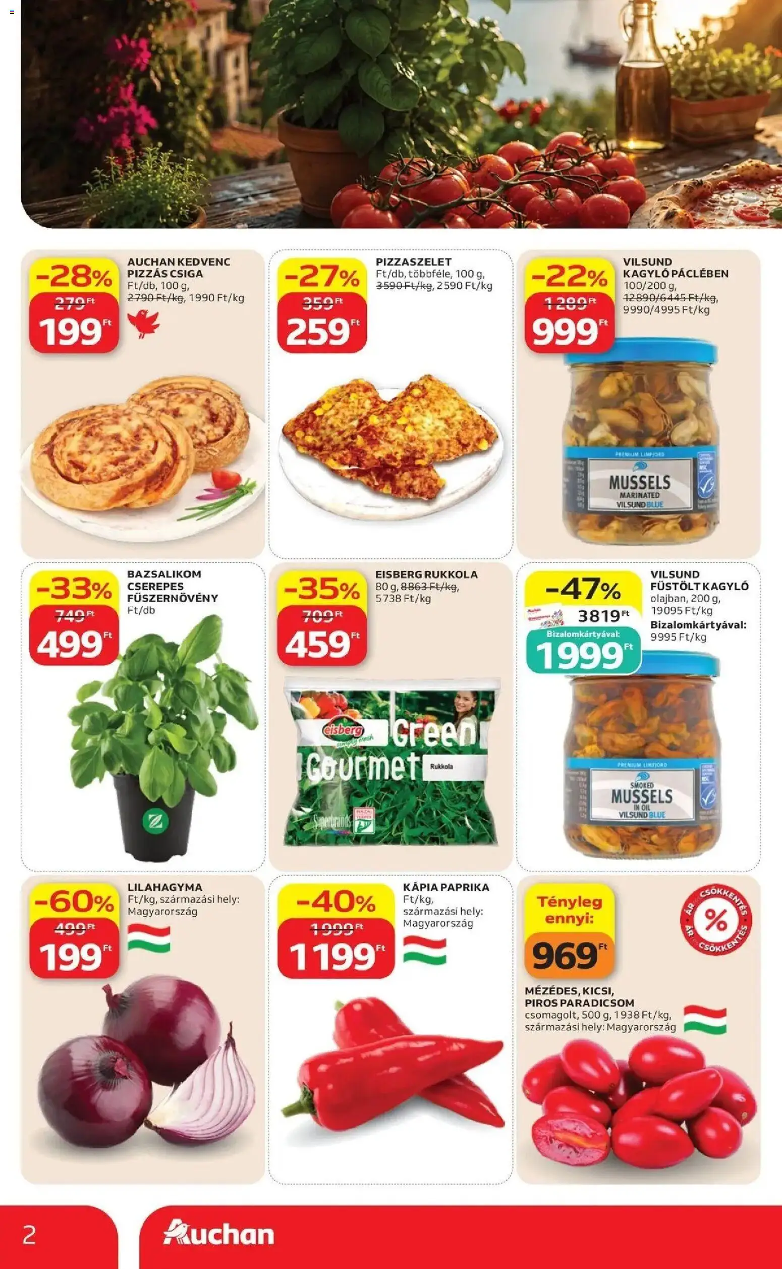 Auchan akciós ujság - amely érvényes a következő dátumtól: 2026.07.09. | Oldal: 2 | Termékek: Bazsalikom, Pizza, Paradicsom, Kápia paprika