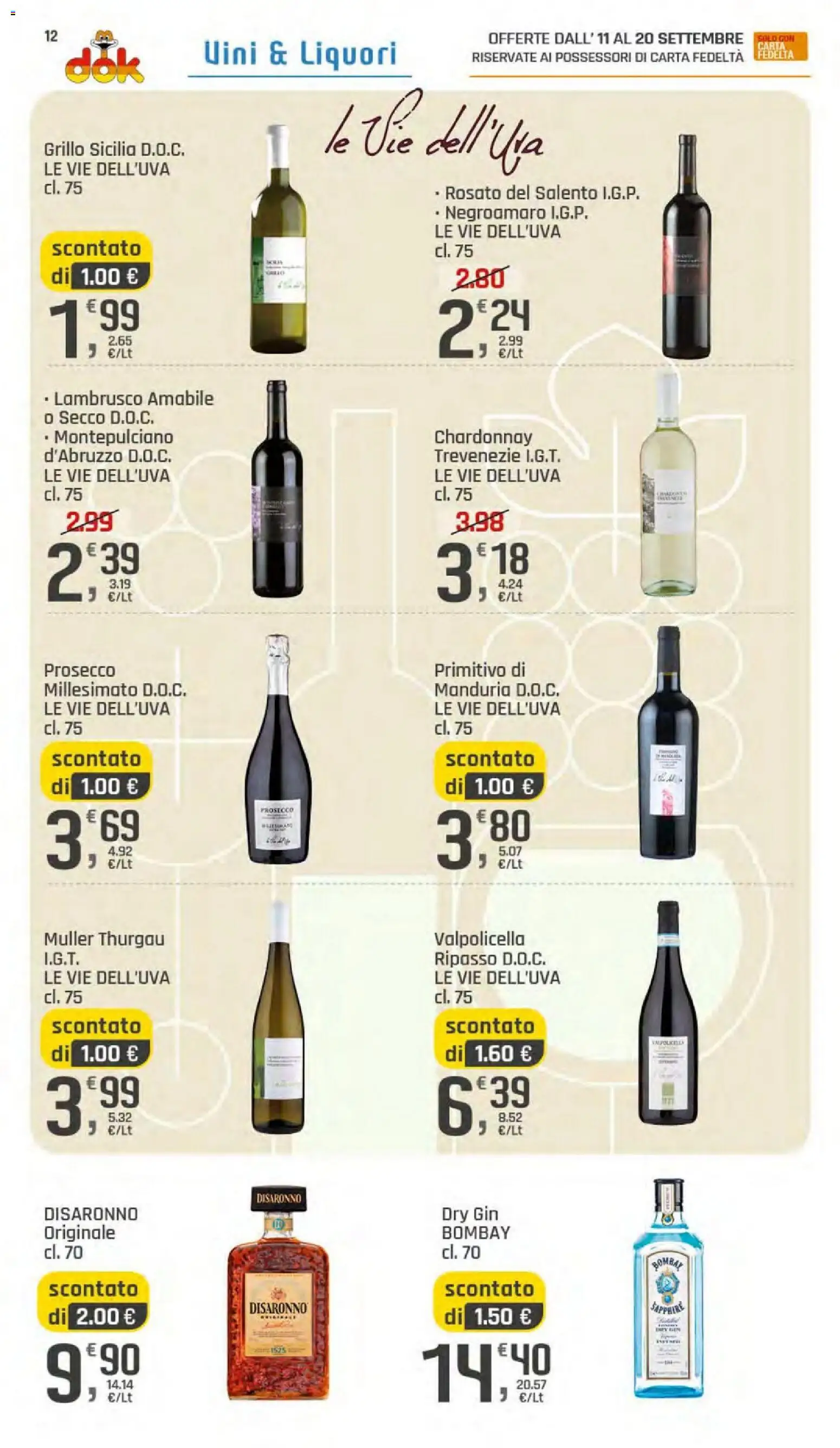 Volantino DOK del 11/09/2026 | Pagina: 12 | Prodotti: Gin, Prosecco, Lambrusco