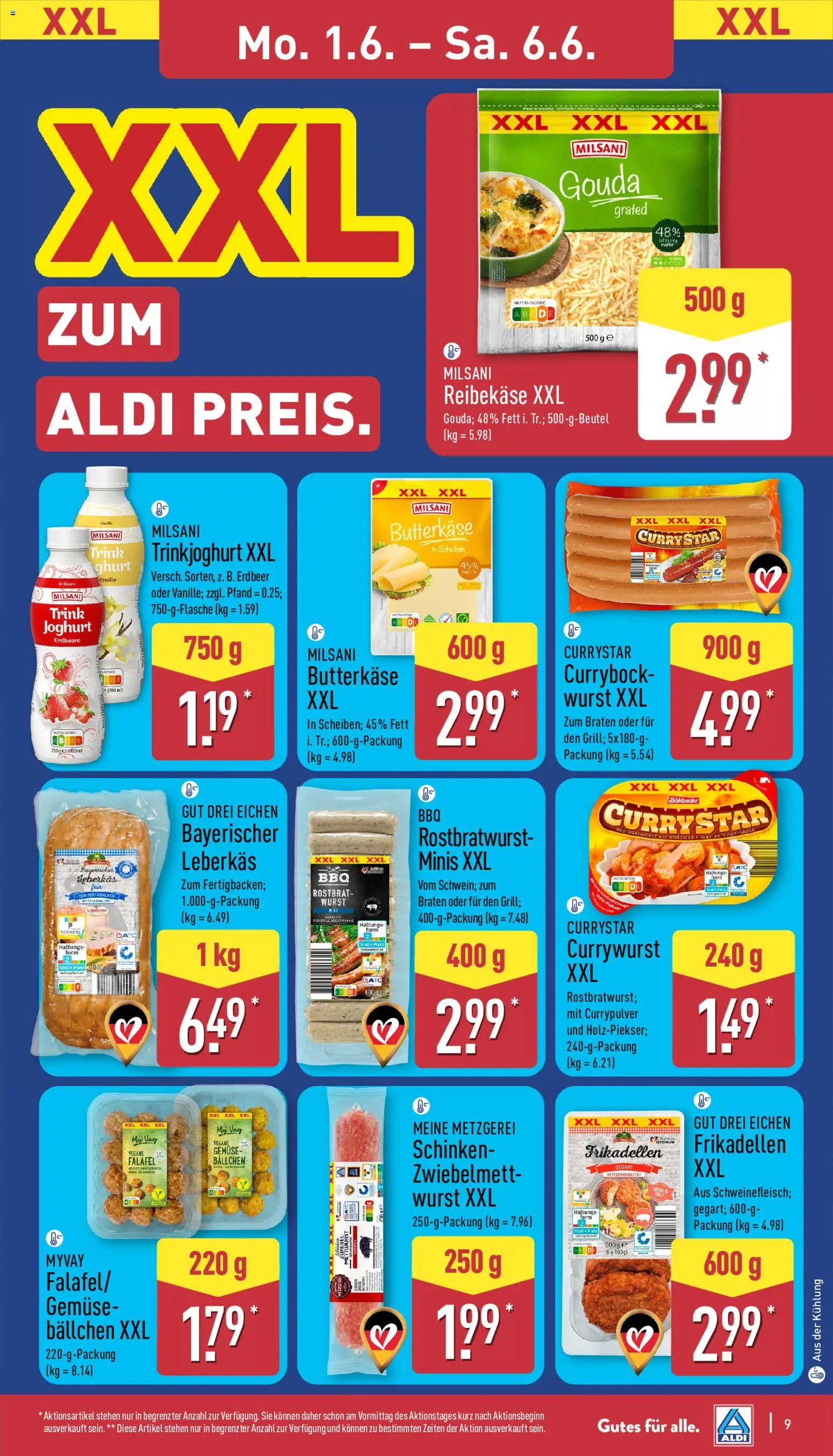 Aldi Prospekt – gültig ab 01.06.2026 | Seite: 9 | Produkte: Joghurt, Trinkjoghurt, Schinken, Reibekase
