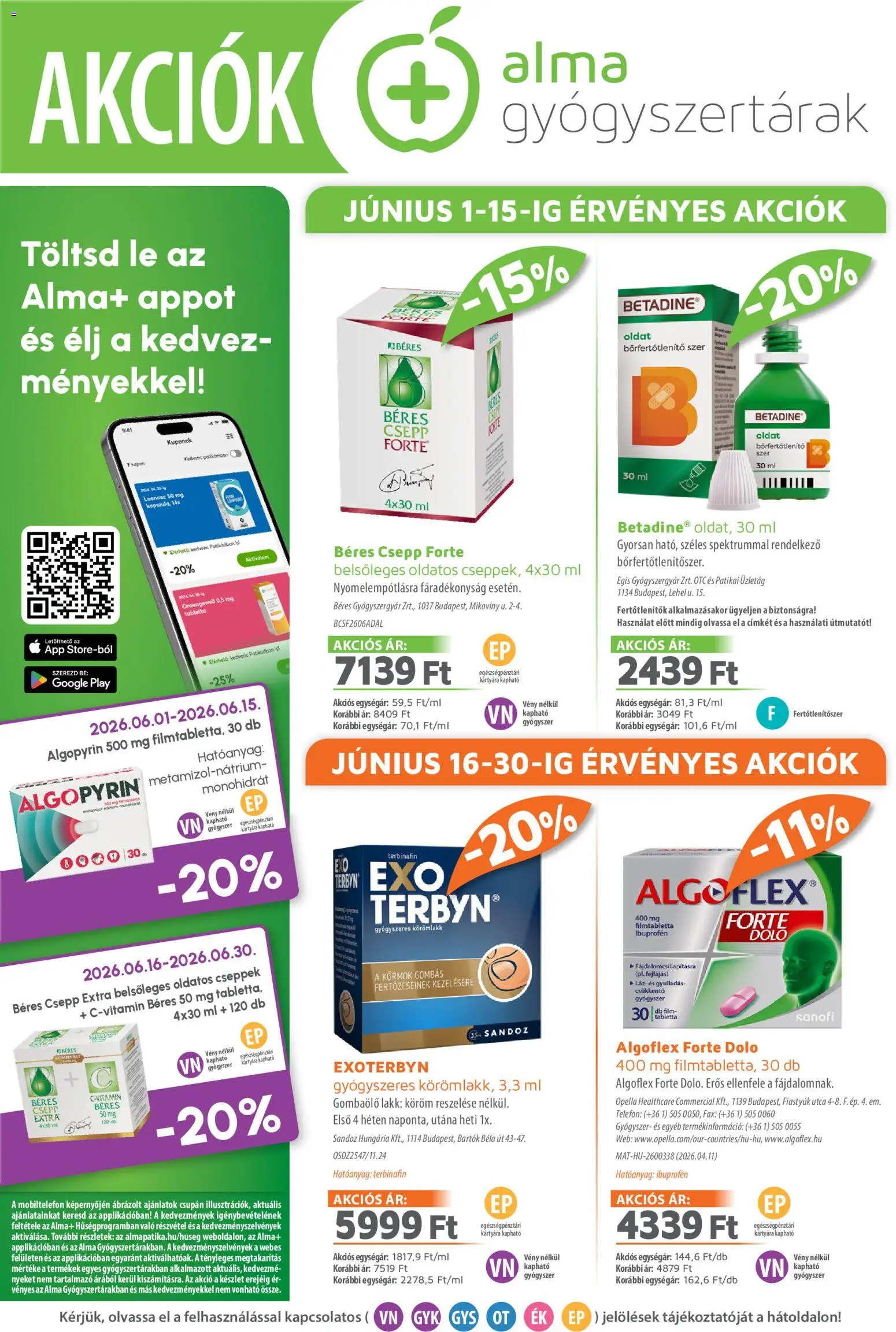 Alma Gyógyszertárak akciós ujság - amely érvényes a következő dátumtól: 01.06.2026 | Oldal: 1 | Termékek: Béres csepp, Körömlakk, Alma