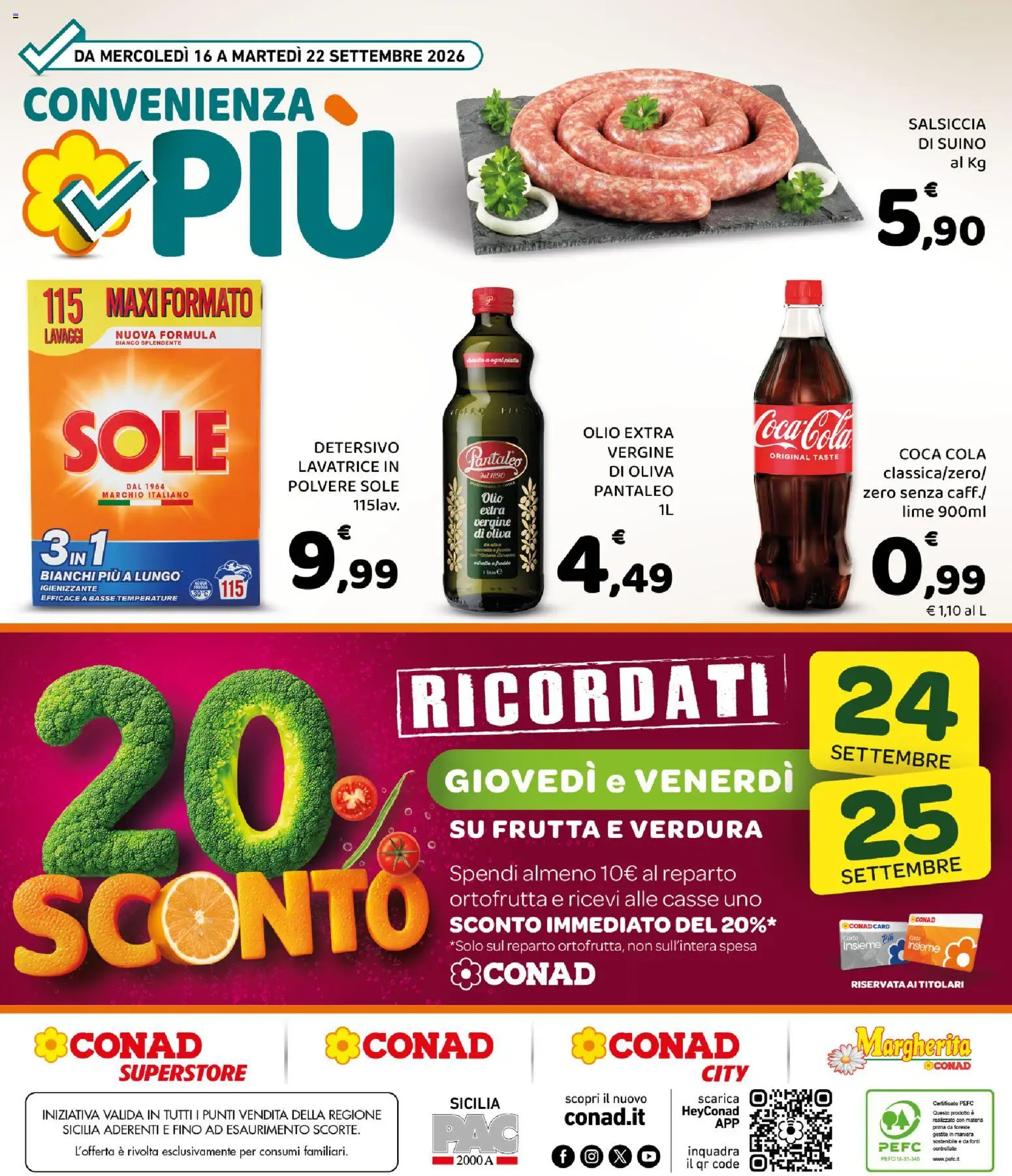 Volantino Conad del 16/09/2026 | Pagina: 8 | Prodotti: Frutta, Suino, Salsiccia, Lavatrice