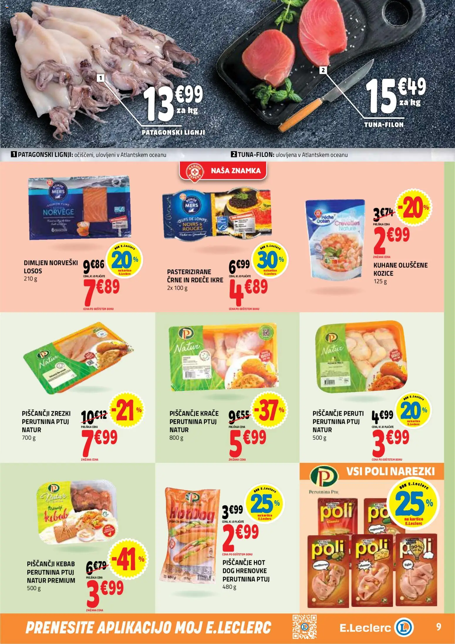 Novi E.leclerc katalog ponudbe – veljaven od 08.07.2026 | Stran: 9 | Izdelki: Hrenovke, Lignji, Kozice, Zrezki