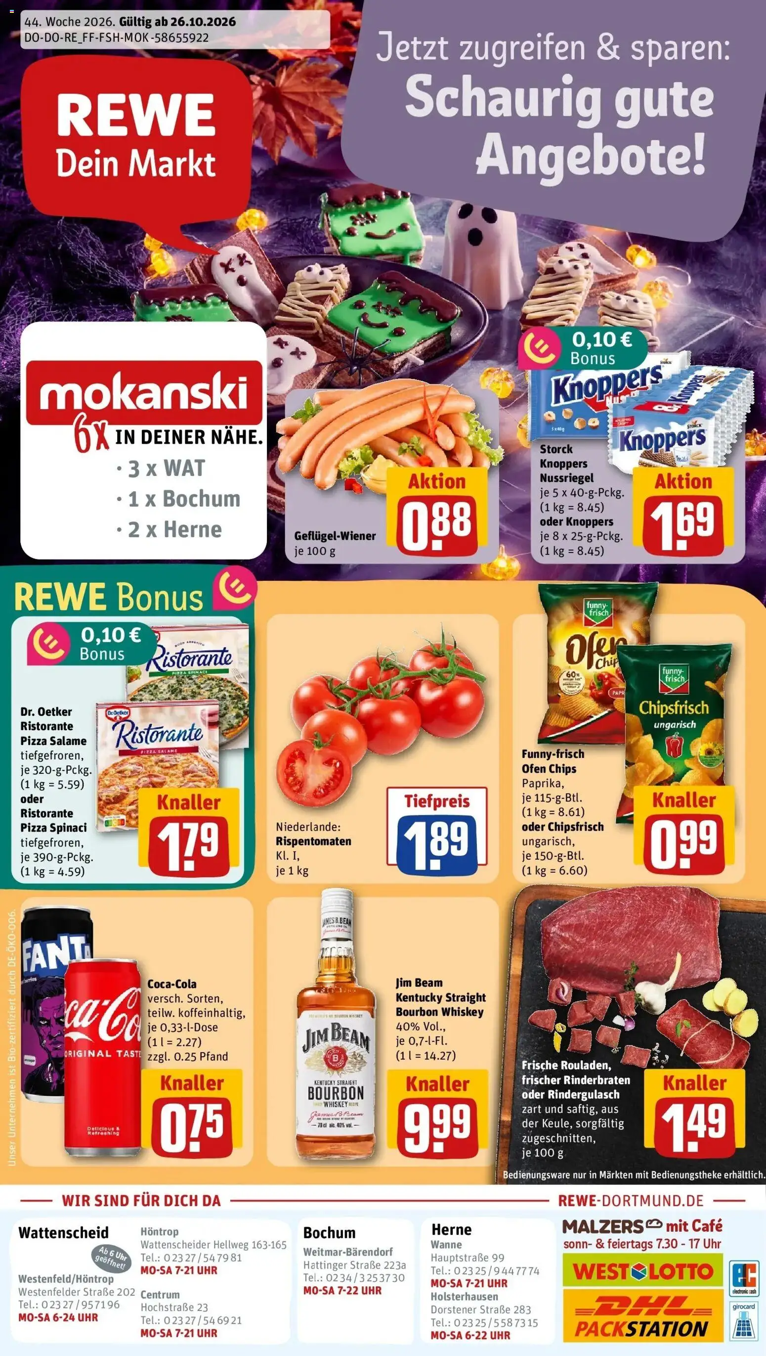 REWE Prospekt ab 26.10.2026 zum Blättern » Angebote | Seite: 1 | Produkte: Rindergulasch, Knoppers, Whiskey, Uhr