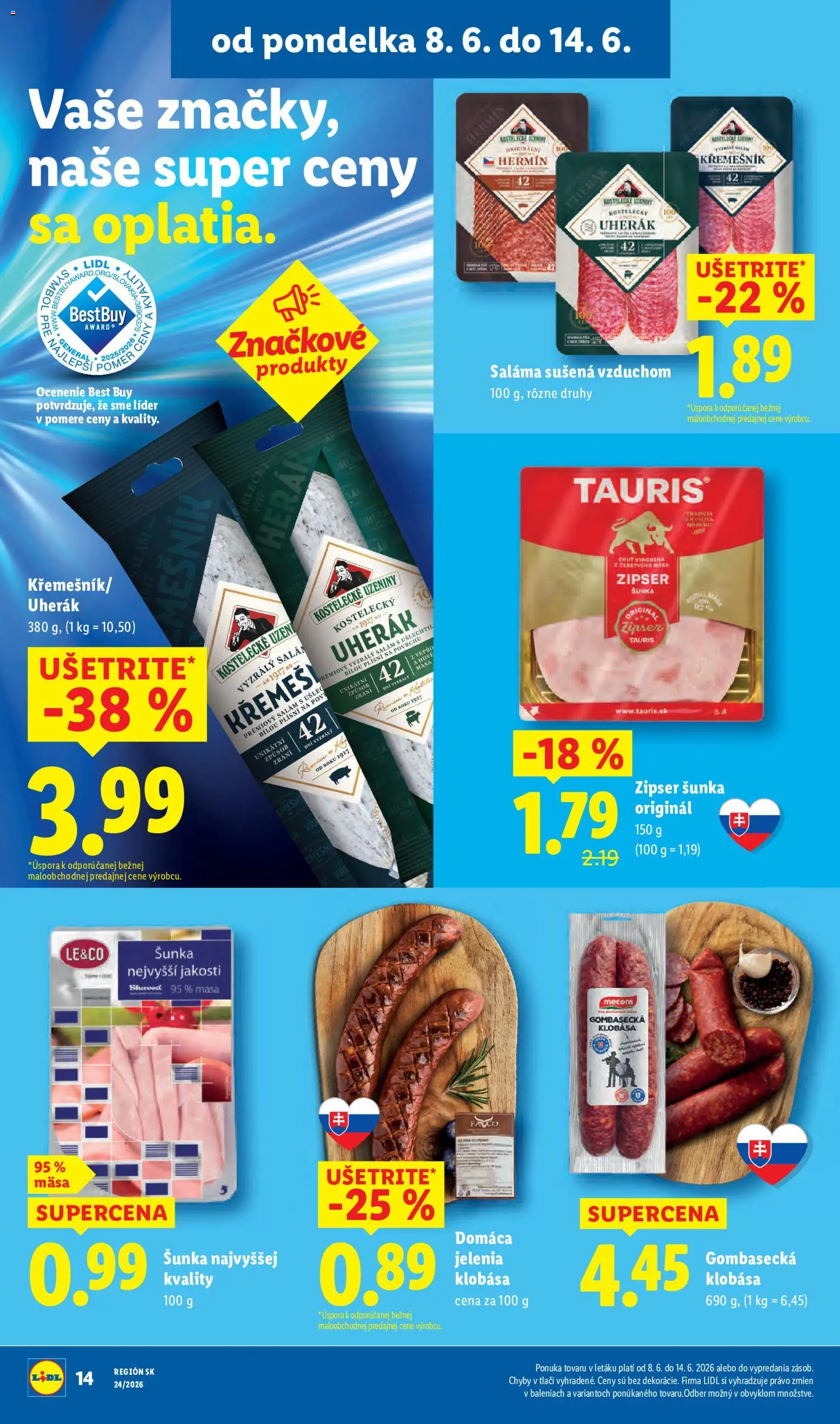 Nové Lidl akcie – leták je platný od 08.06.2026 | Strana: 24 | Produkty: Saláma, Šunka, Klobása
