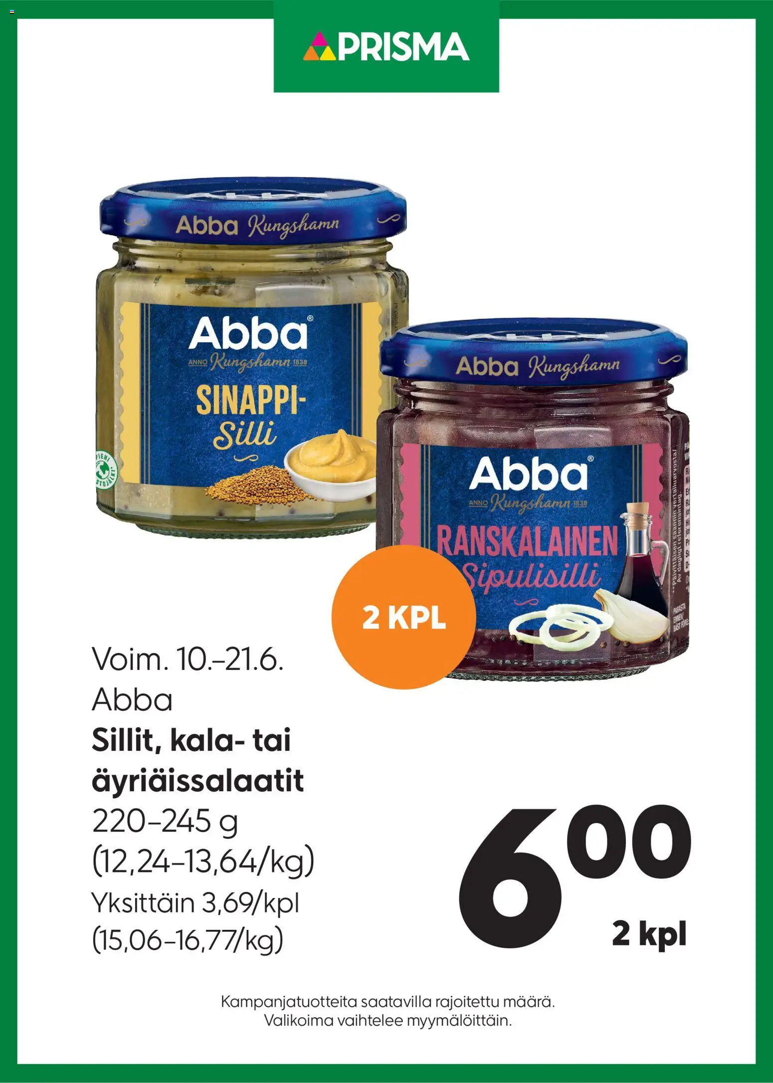 Prisma tarjoukset Abba – voimassa 10.06.2026 alkaen | Sivu: 1 | Tuotteet: Silli, Sinappi, Kala
