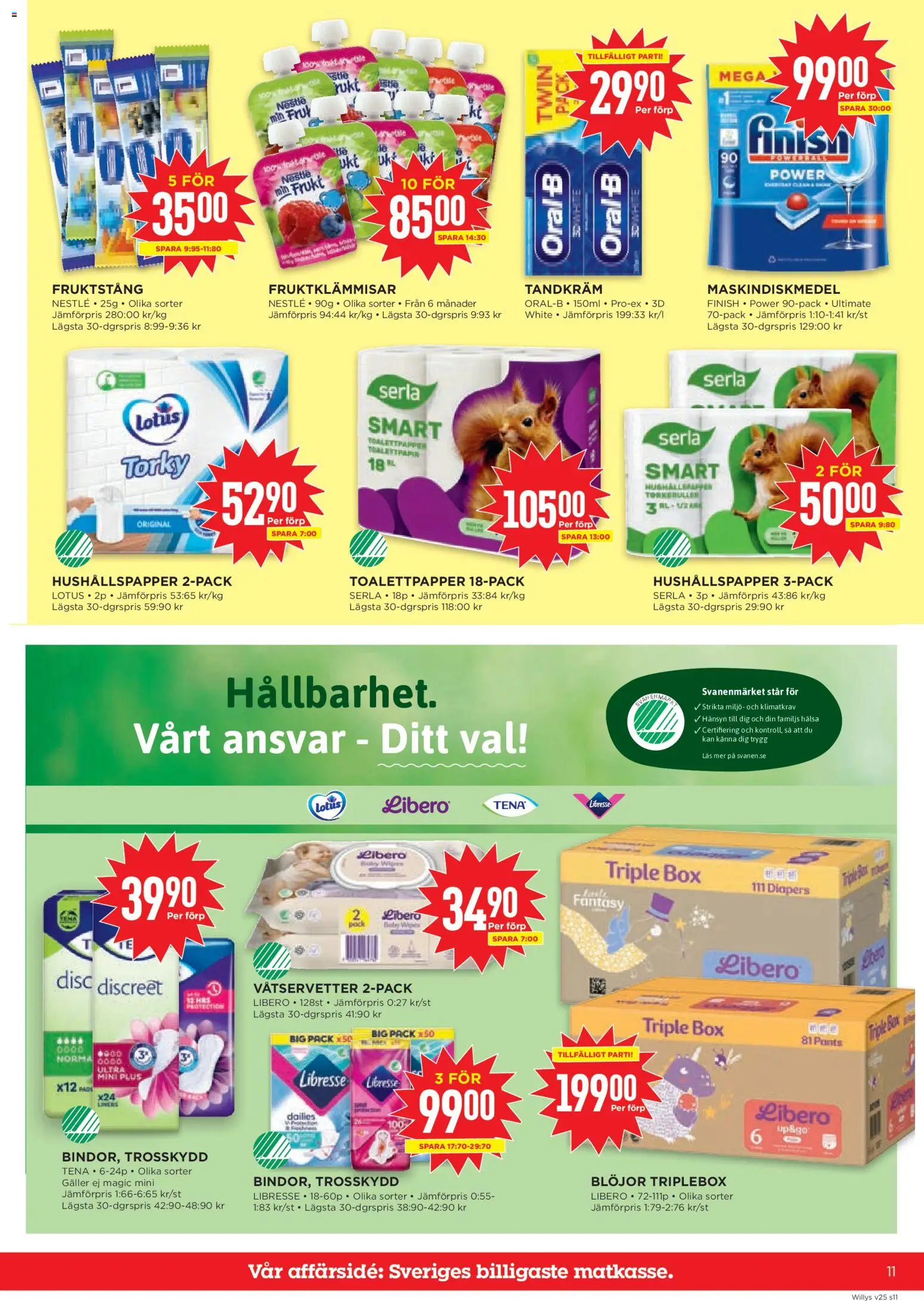 Willys reklamblad aktuell från 15.06.2026 | Sida: 11 | Produkter: Trosskydd, Tandkräm, Hushållspapper, Blöjor