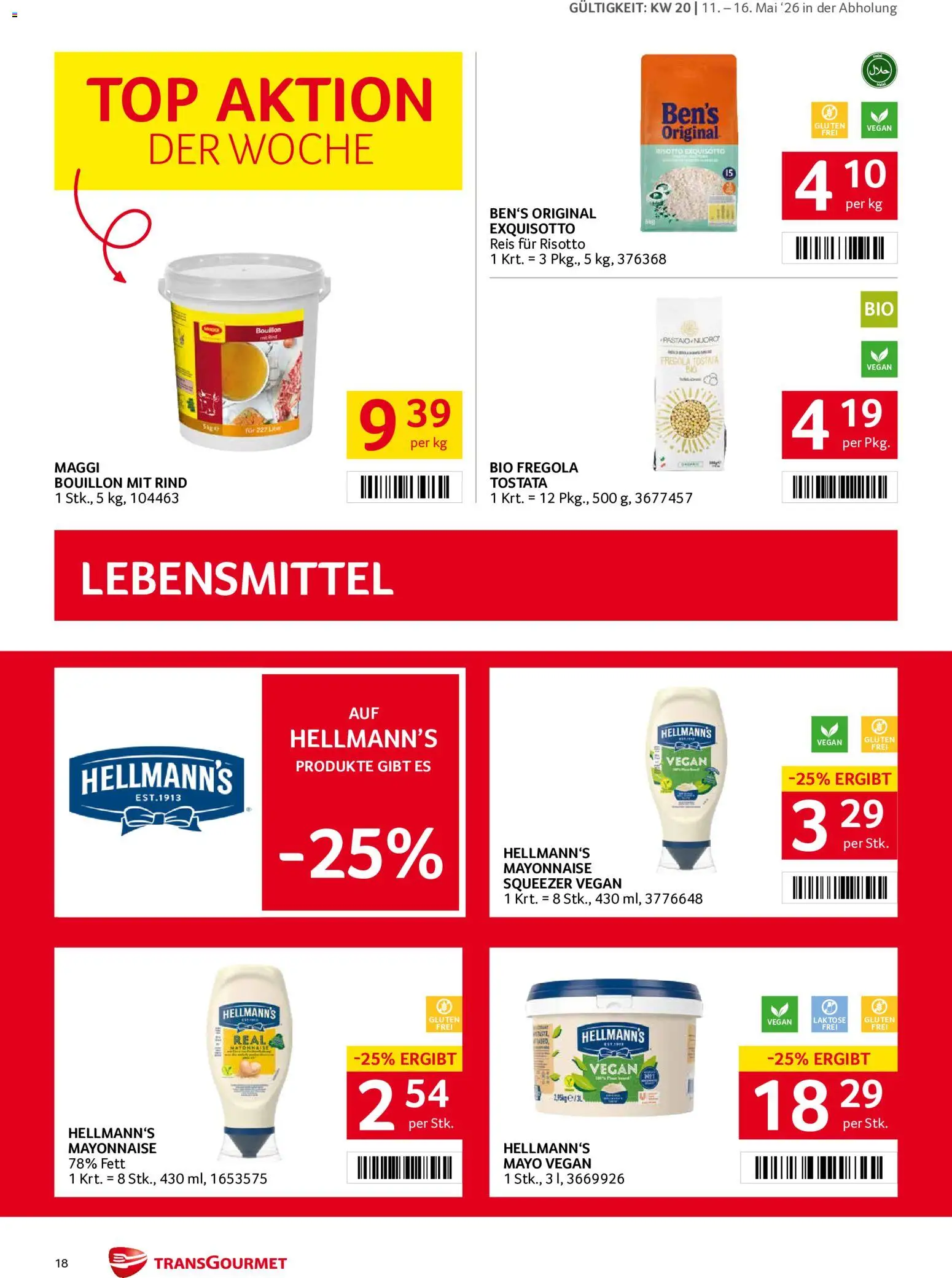 Transgourmet Flugblatt gültig ab 11.05.2026 | Seite: 18 | Produkte: Mayonnaise, Libacomb, Reis