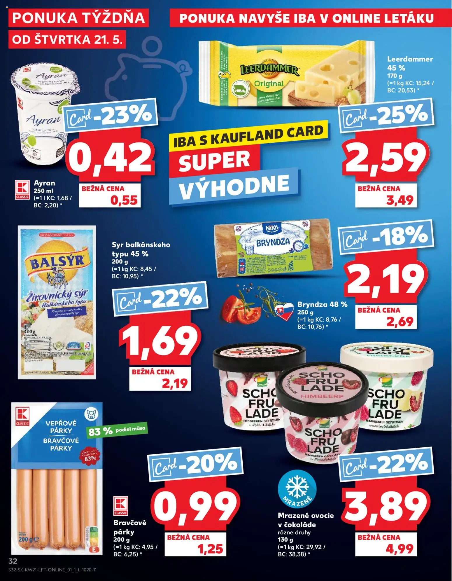 Nové Kaufland akcie – leták je platný od 21.05.2026 | Strana: 32 | Produkty: Syr, Bryndza, Párky, Ovocie